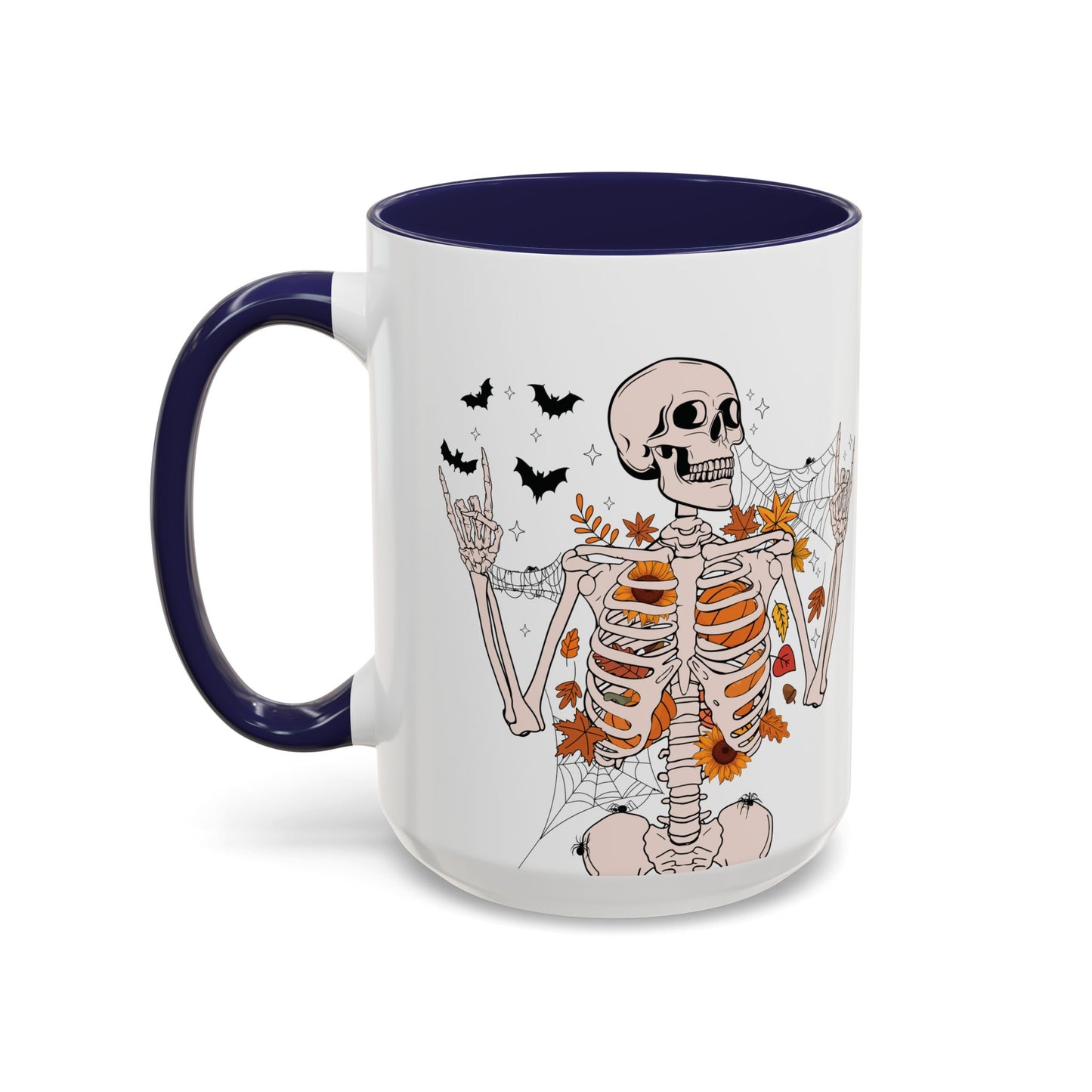 Spooky Skeleton Halloween Mug | 11oz and 15oz Ceramic Coffee Cup | Fall Leaves & Bats Design