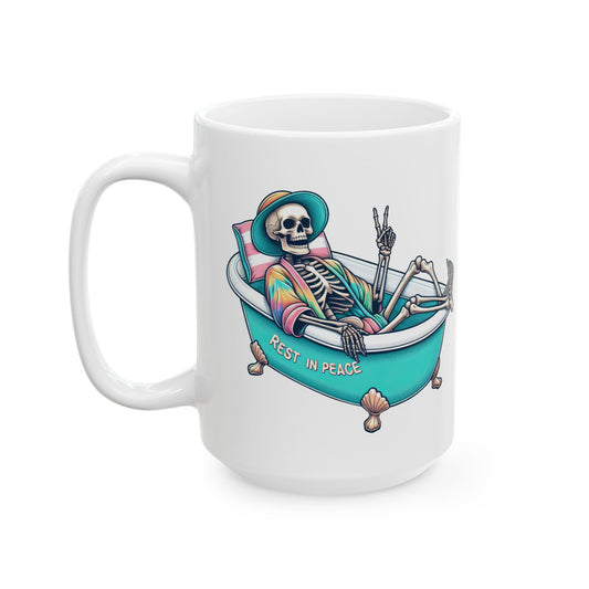 Rest In Peace Skeleton Mug | Relaxing Bath Coffee Cup | Quirky Peaceful Gift