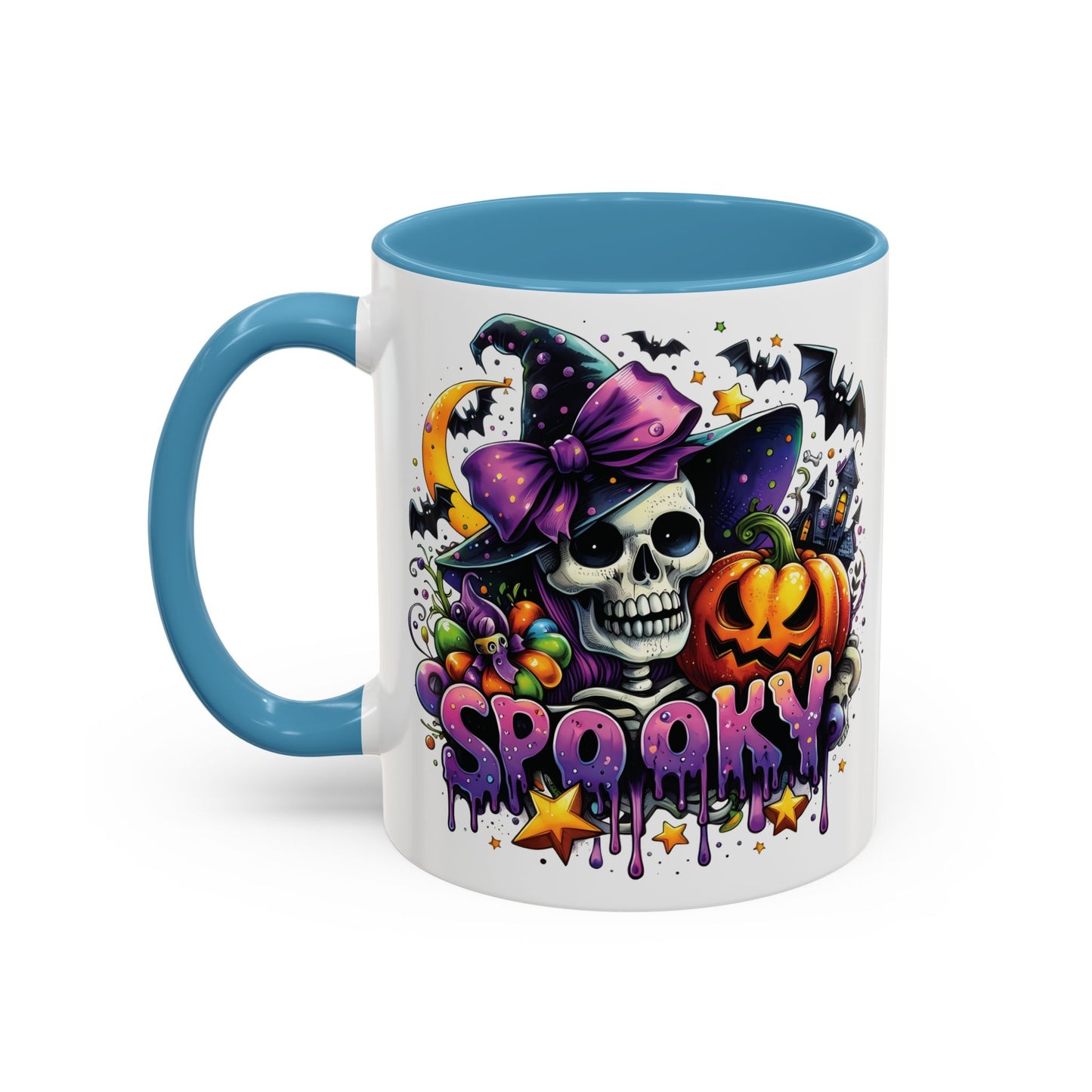 Spooky Halloween Skull Mug | Colorful Witch Hat and Pumpkin Design | 11oz and 15oz Ceramic Coffee Cup