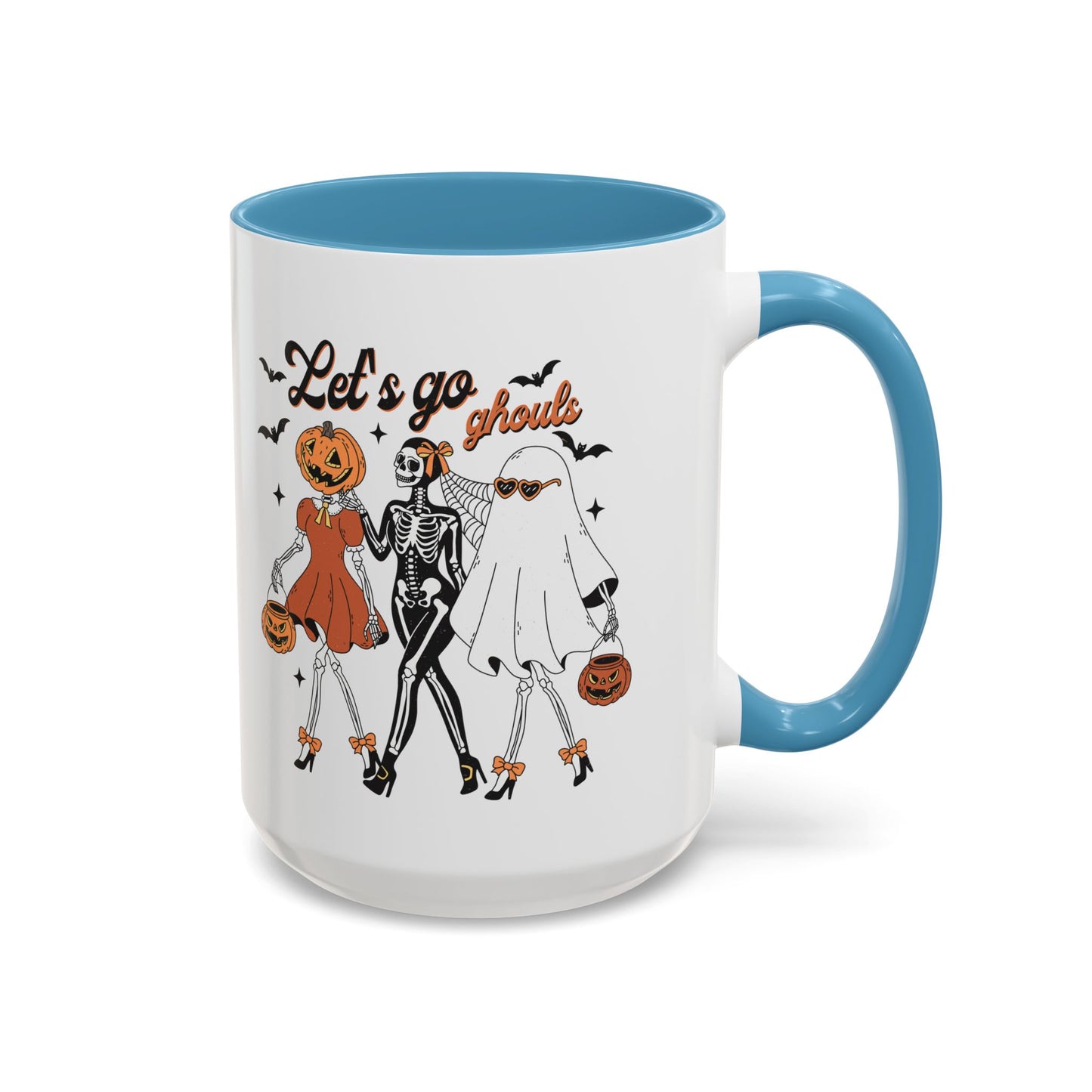 Lets Go Ghouls Halloween Mug | Skeleton, Ghost, and Pumpkin Friends Design | Spooky Coffee Mug | Fall Drinkware