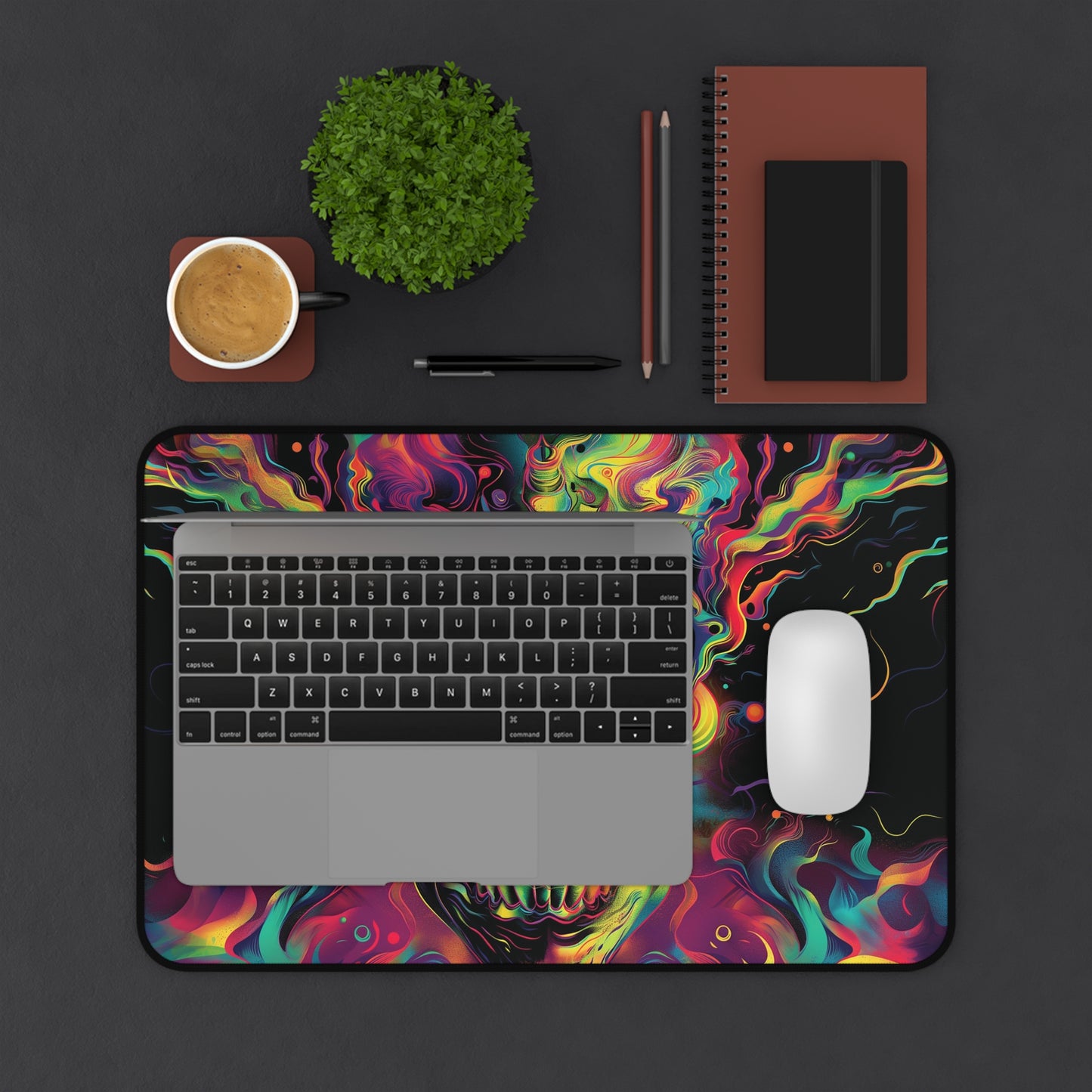 Psychedelic Skull Desk Mat | Vibrant Abstract Art | Neoprene | Anti-Slip | 3 Sizes | Office Decor