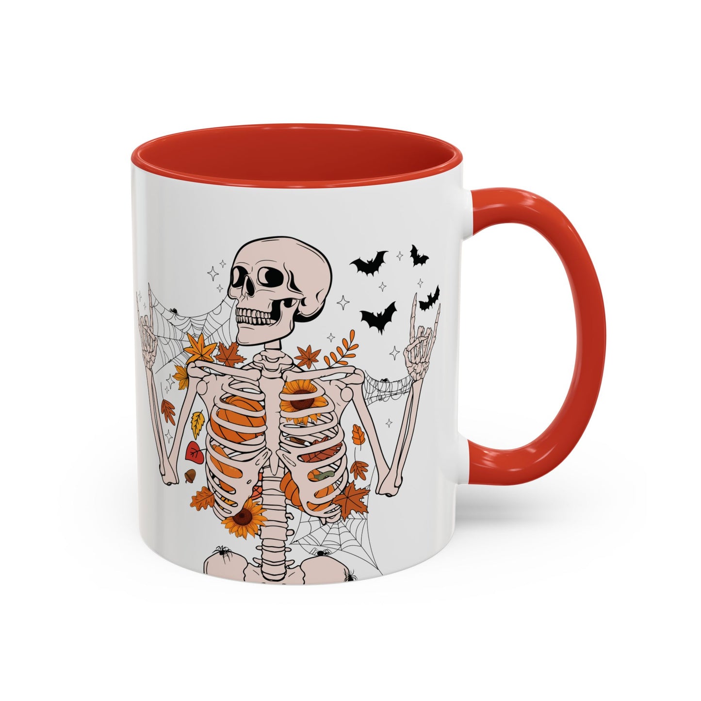 Spooky Skeleton Halloween Mug | 11oz and 15oz Ceramic Coffee Cup | Fall Leaves & Bats Design