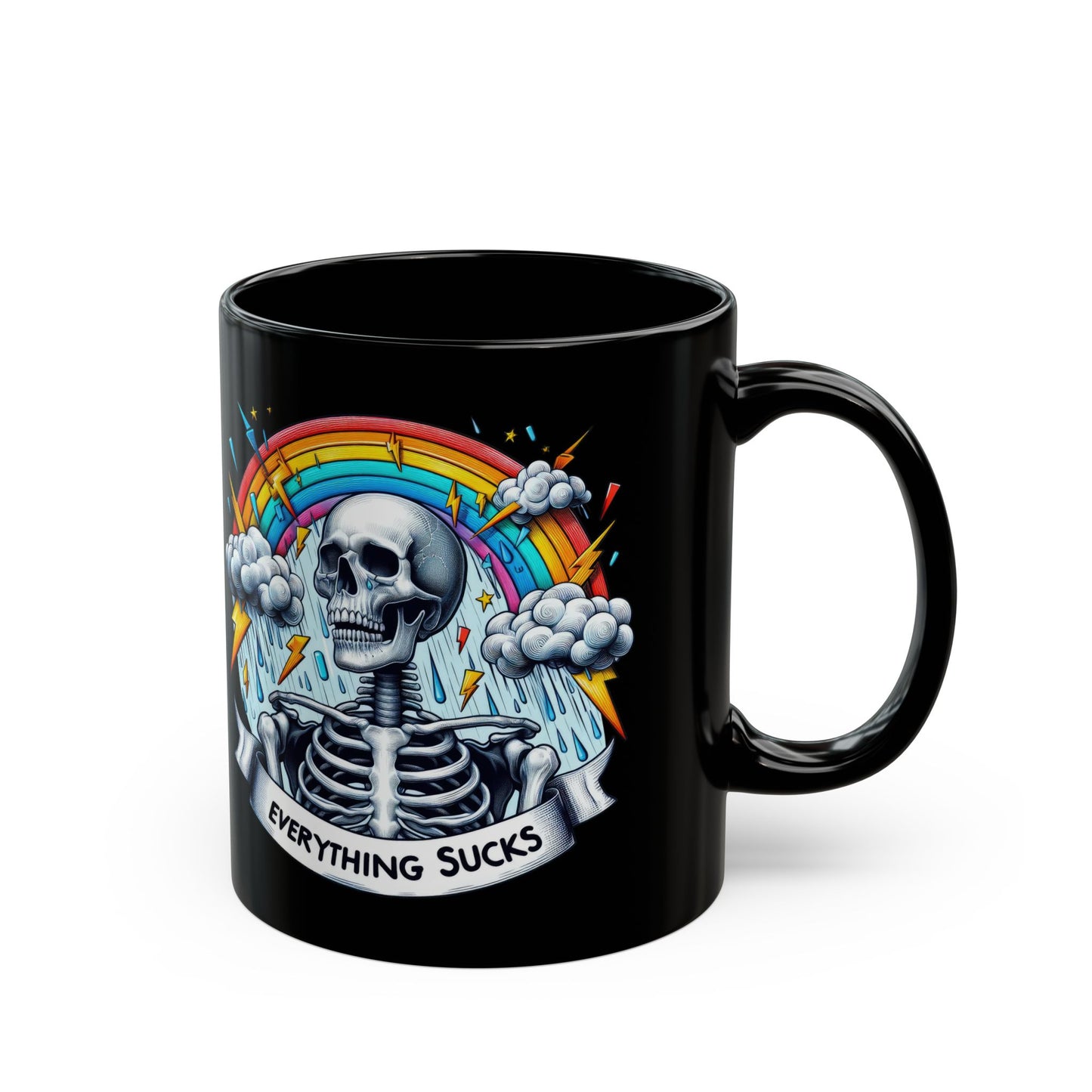 Everything Sucks Skeleton Mug | Dark Humor Rainbow Coffee Cup | Sarcastic Gothic Gift