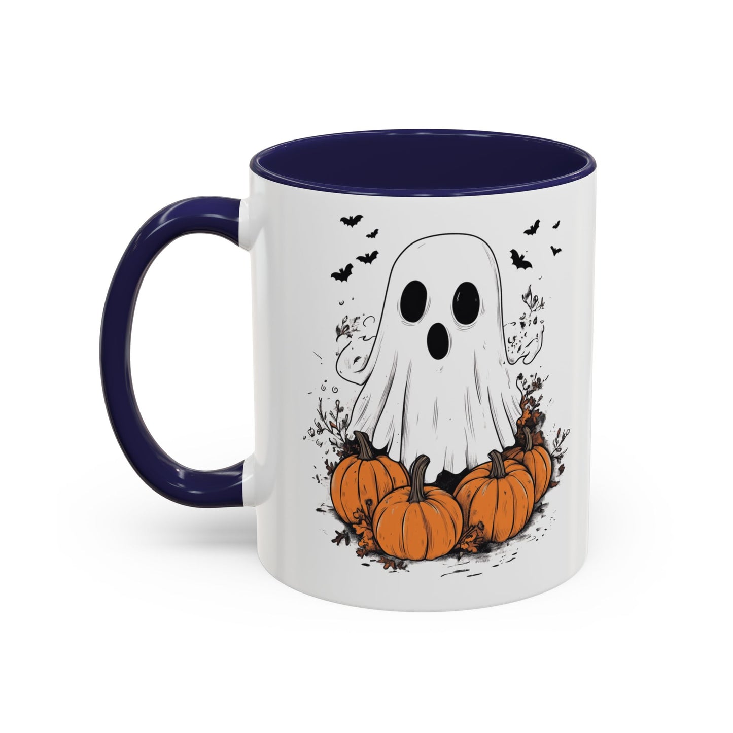 Halloween Ghost Mug - Cute Pumpkin Coffee Cup - White Ceramic Mug with Red Accent - Spooky Fall Gift - 11oz & 15oz - BPA Free