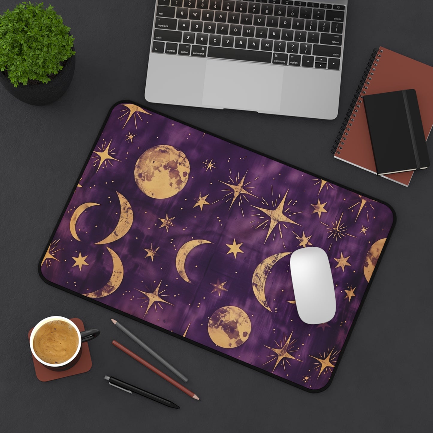 Celestial Dreams Computer Desk Mat | Moon and Stars Mouse Pad | Anti-Slip Neoprene Desk Mat for Home Office | 3 Sizes Available