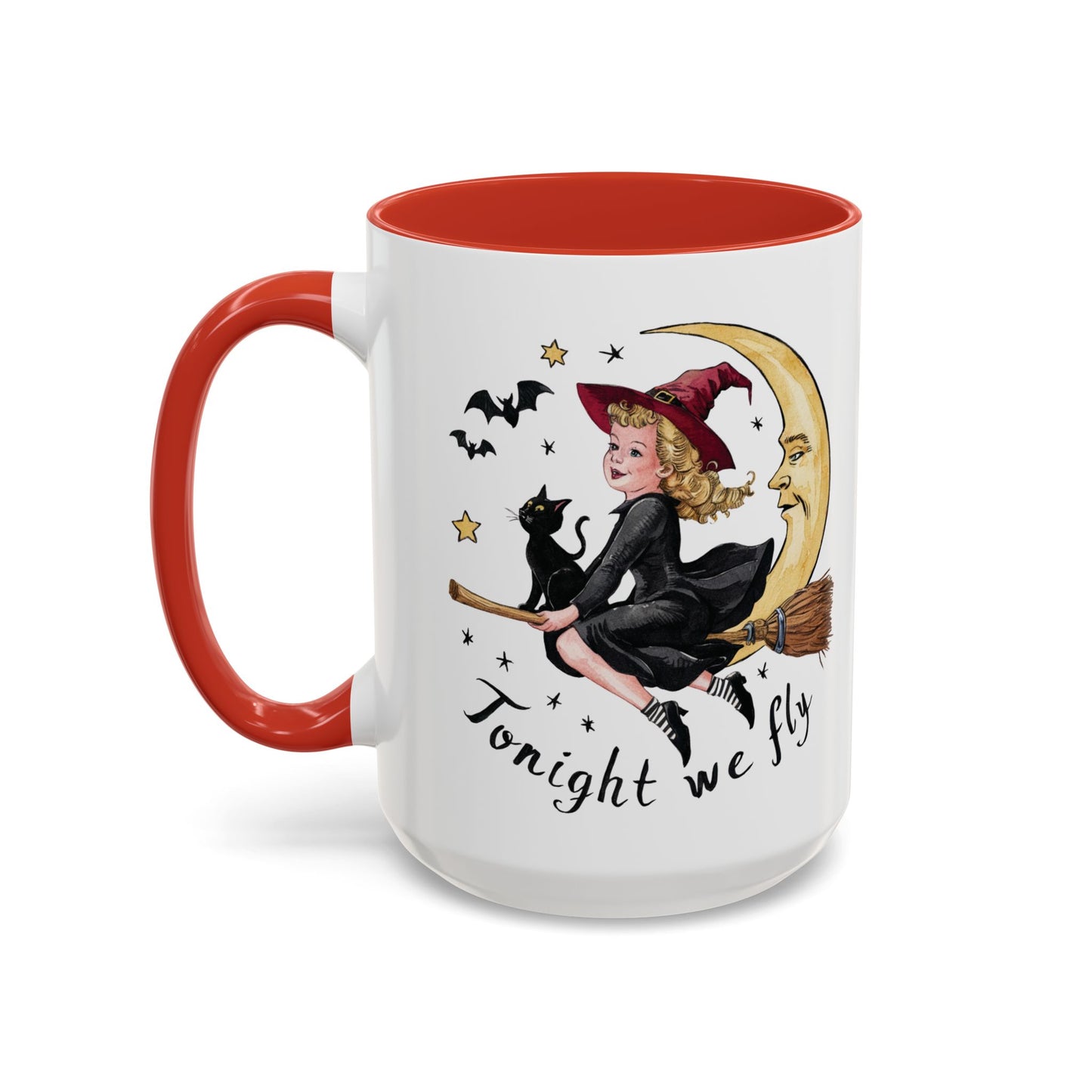 Tonight We Fly Halloween Witch Mug | Vintage Witch and Cat on Broomstick Design | Perfect Halloween Coffee Mug