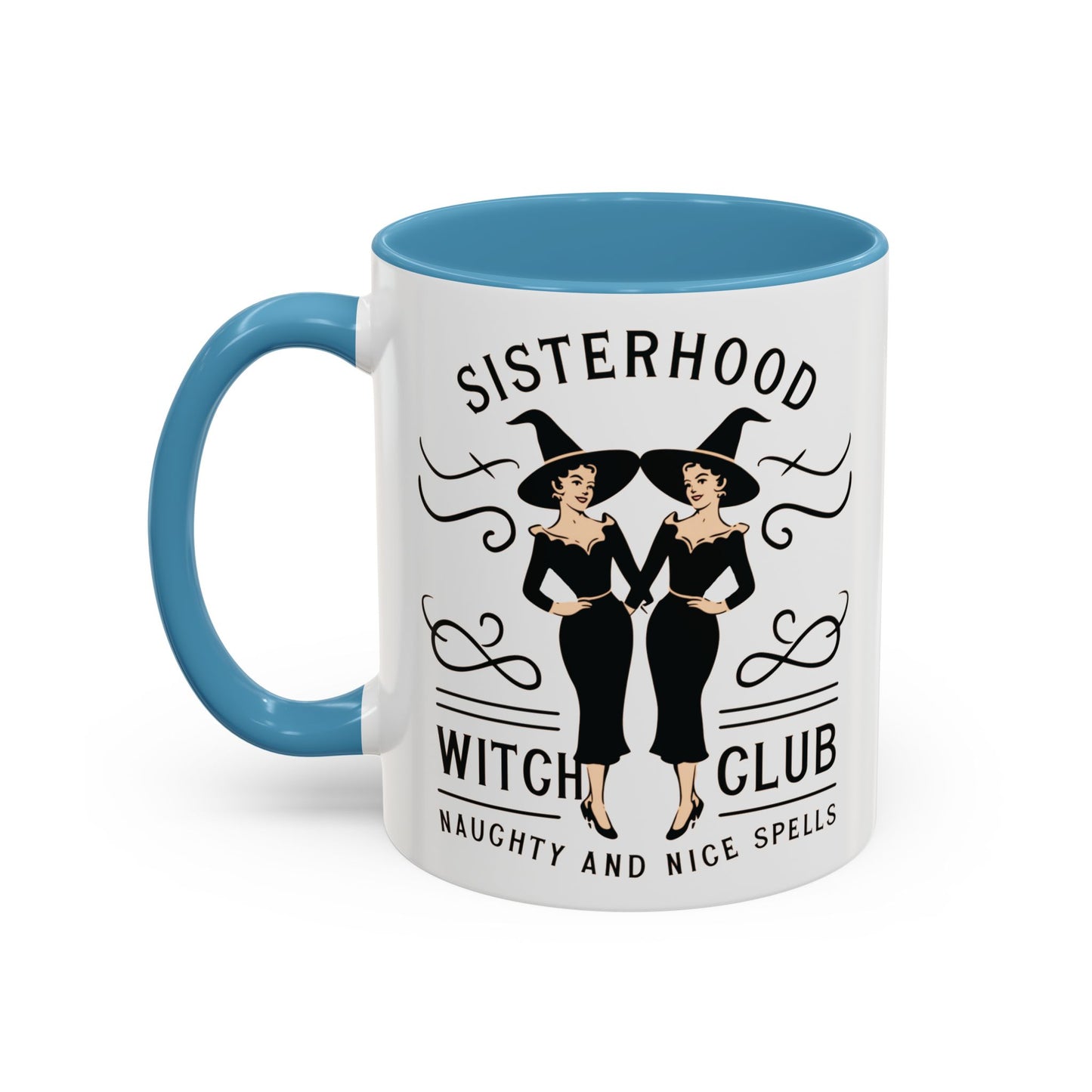 Sisterhood Witch Club Mug | Vintage Witch Design | Halloween Coffee Mug | Naughty and Nice Spells | Witchy Drinkware