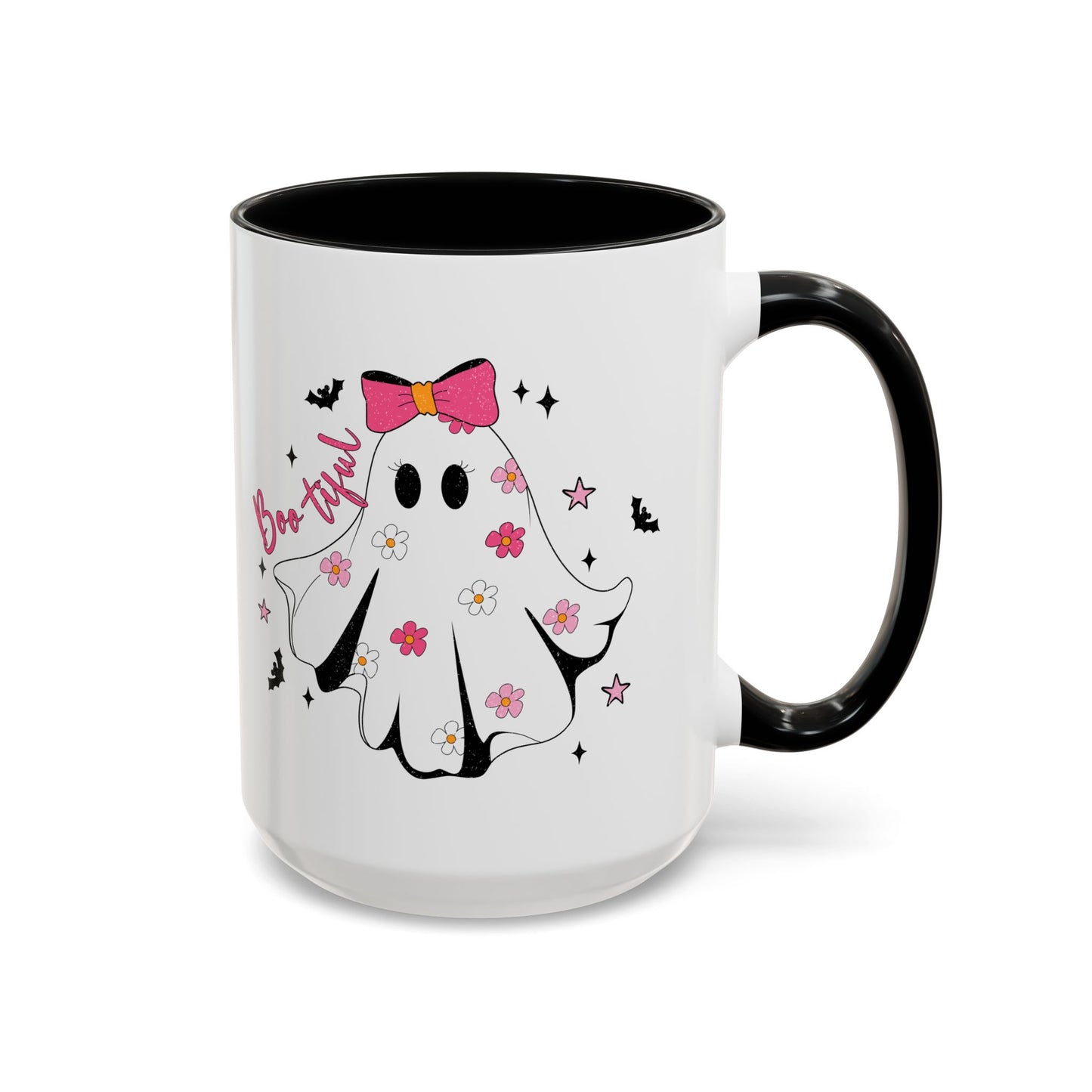 Boo-tiful Halloween Ghost Mug | 11oz and 15oz Coffee Cup | Cute Floral Design | Pink, Red, Black, Light Blue, or Navy Handle and Interior