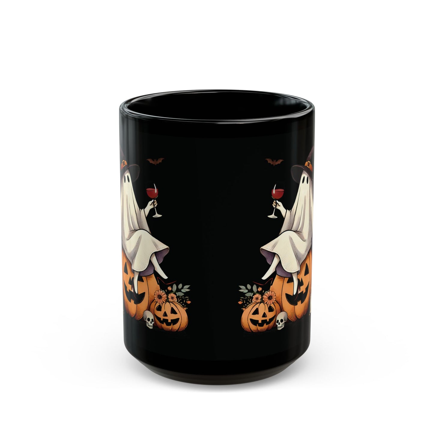 Halloween Ghost on Pumpkin Mug | 11oz /15oz Black Ceramic Coffee Cup | Witch Hat & Wine Design | Spooky and Festive Fall Gift