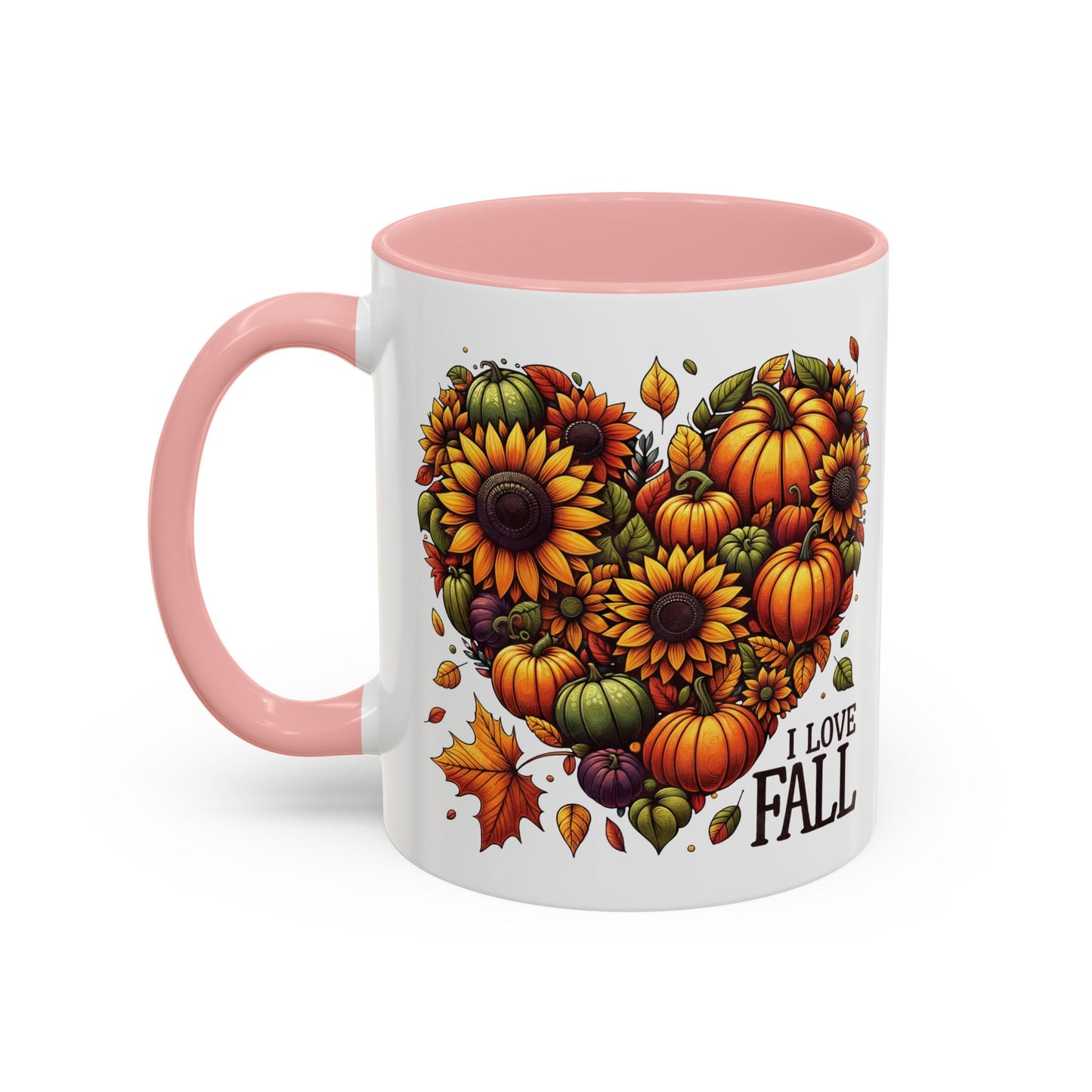 I Love Fall Autumn Mug | 11oz and 15oz Ceramic Coffee Cup | Sunflower and Pumpkin Heart Design