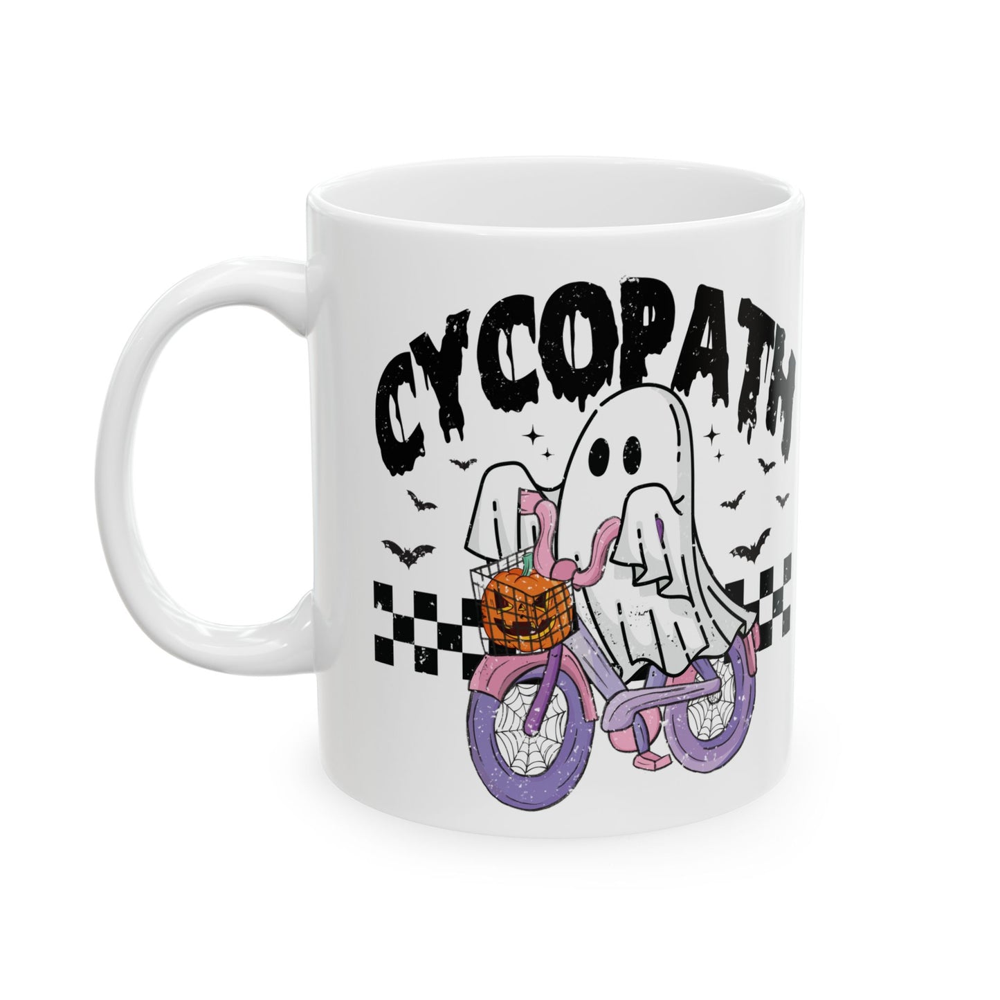 Cycopath Ghost Halloween Mug - White Ceramic Coffee Cup with Funny Ghost Biker Design - Perfect Spooky Gift - 11oz & 15oz