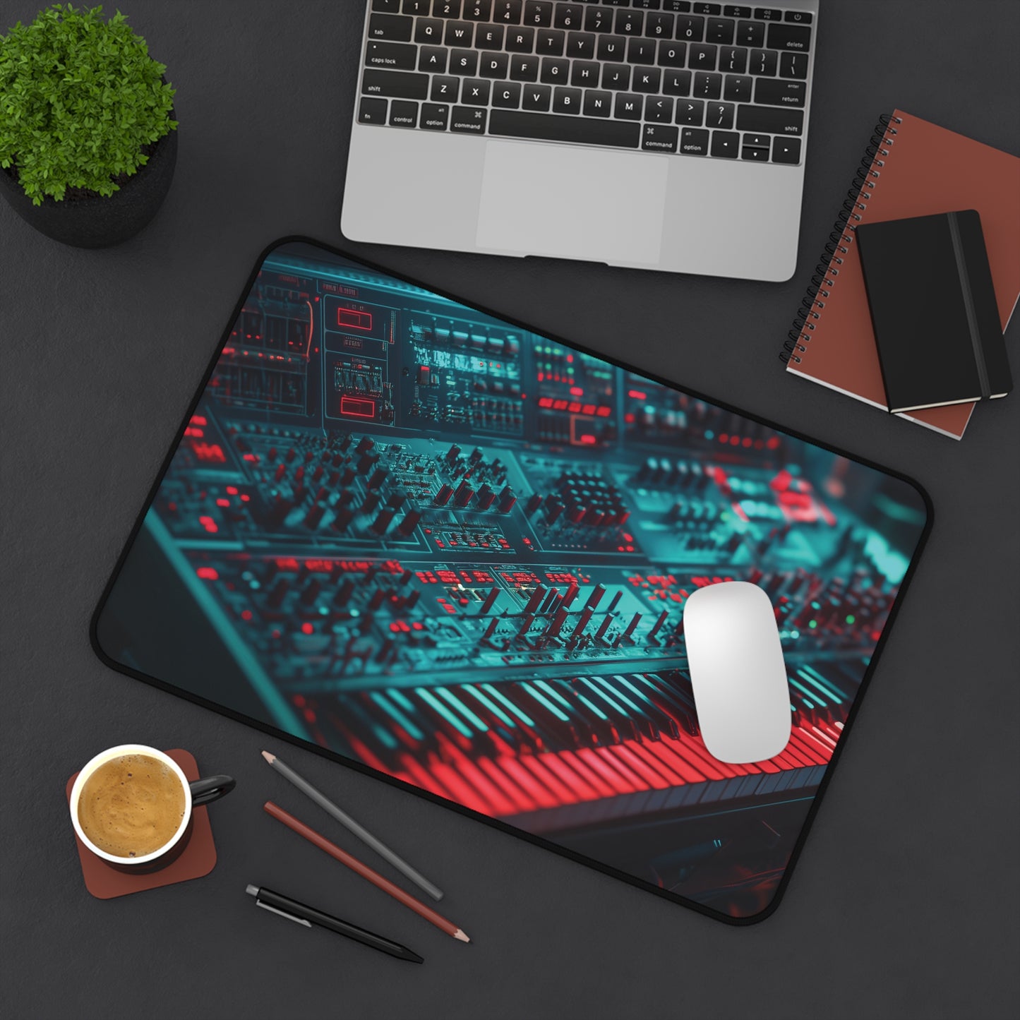 Retro Synth Desk Mat | Neoprene | Anti-Slip | Futuristic Synthesizer Glow Design | Office & Gaming Decor | 3 Sizes