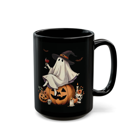 Halloween Ghost on Pumpkin Mug | 11oz /15oz Black Ceramic Coffee Cup | Witch Hat & Wine Design | Spooky and Festive Fall Gift