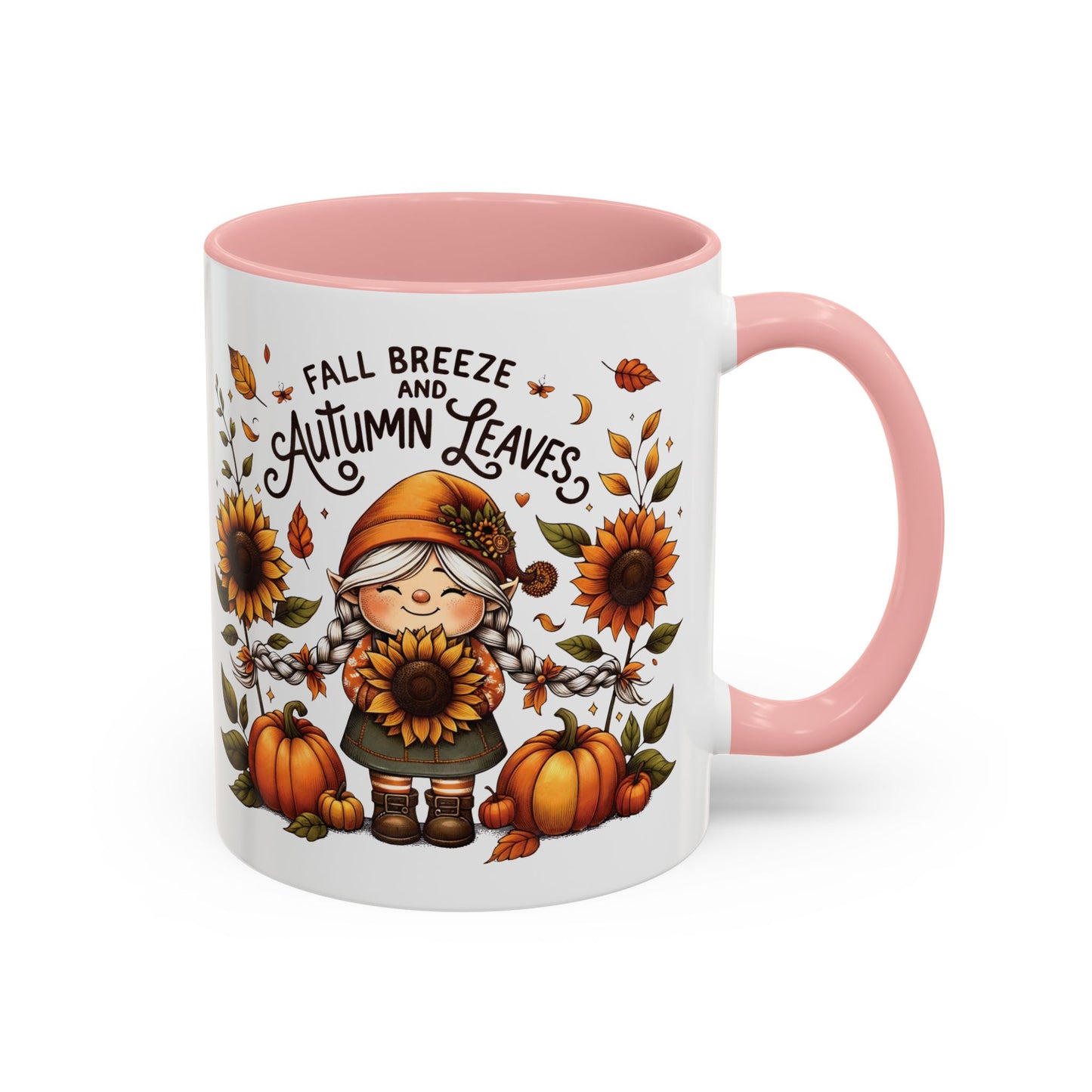 Fall Breeze and Autumn Leaves Mug | 11oz and 15oz Ceramic Coffee Cup | Cute Gnome, Sunflower, & Pumpkin Design