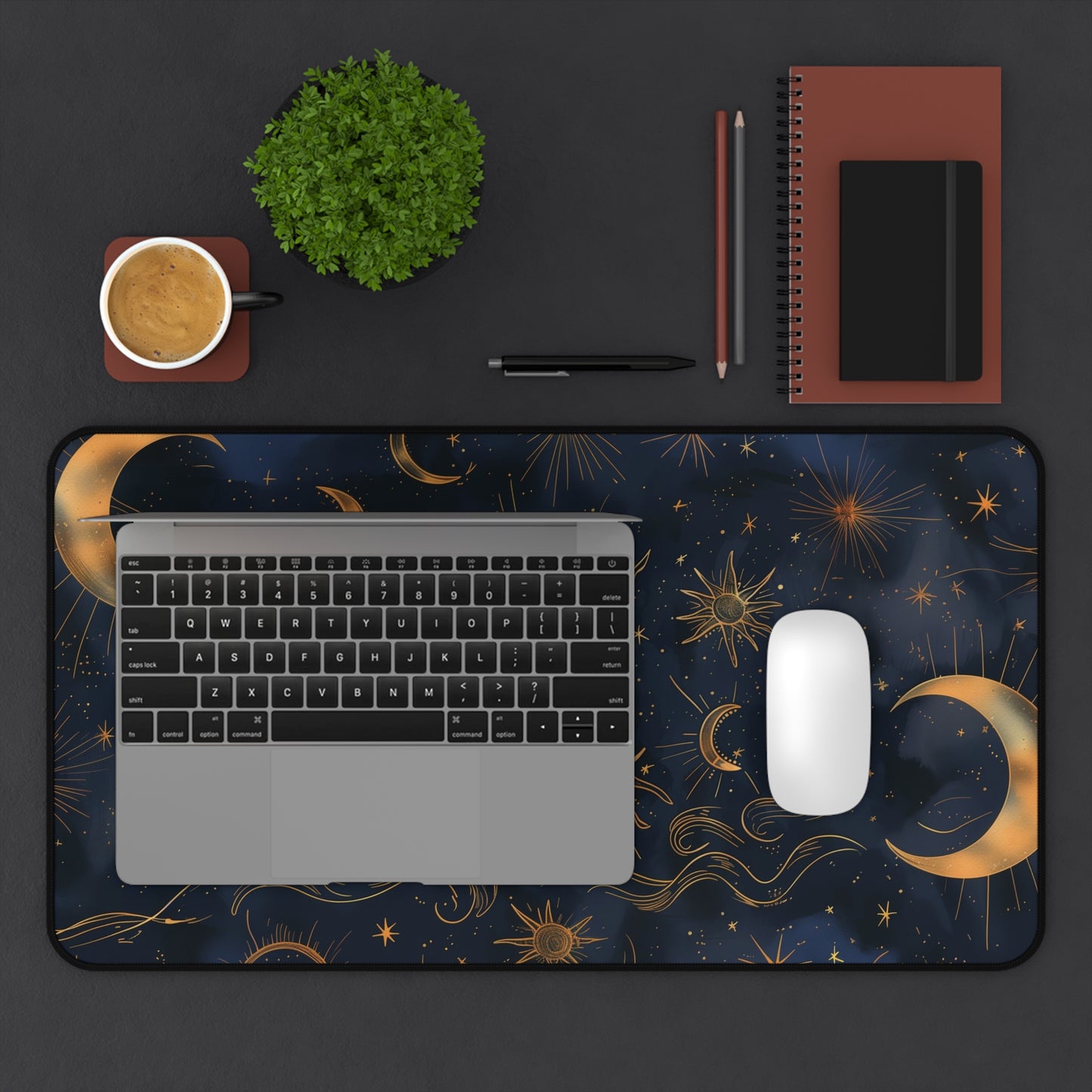 Celestial Sun and Moon Computer Desk Mat | Mystic Stars Mouse Pad | Anti-Slip Neoprene Desk Mat for Home Office | 3 Sizes Available