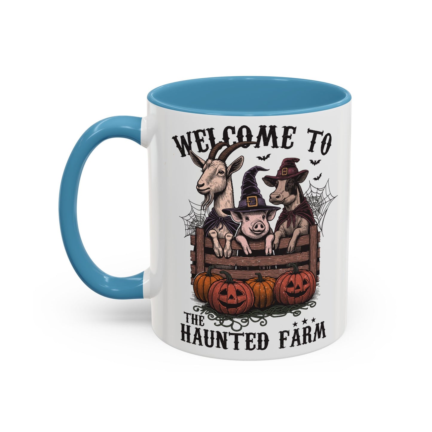 Welcome to the Haunted Farm Mug | Spooky Farm Animal Halloween Cup | Goat, Pig, and Cow in Witch Hats