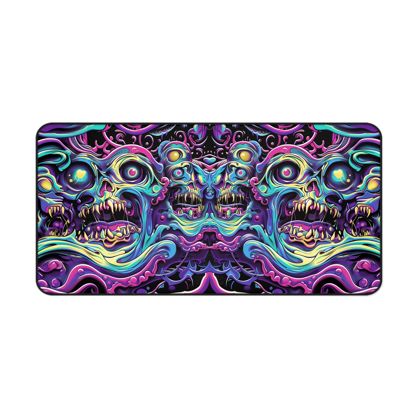 Psychedelic Skull Art Desk Mat - Customizable Neoprene Anti-Slip Mouse Pad - Vibrant Office Decor - Available in 3 Sizes