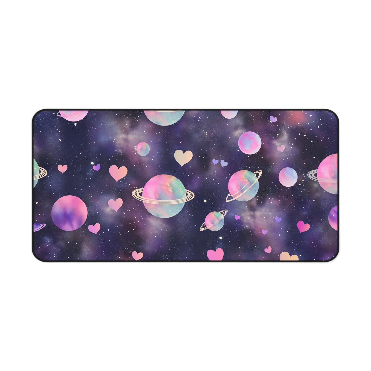 Cosmic Love Computer Desk Mat | Pastel Planets and Hearts Mouse Pad | Anti-Slip Neoprene Desk Mat for Home Office | 3 Sizes Available