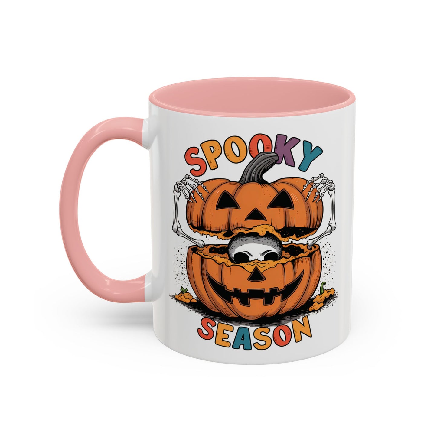 Spooky Season Halloween Mug | 11oz and 15oz Ceramic Coffee Cup | Skeleton in Pumpkin Design