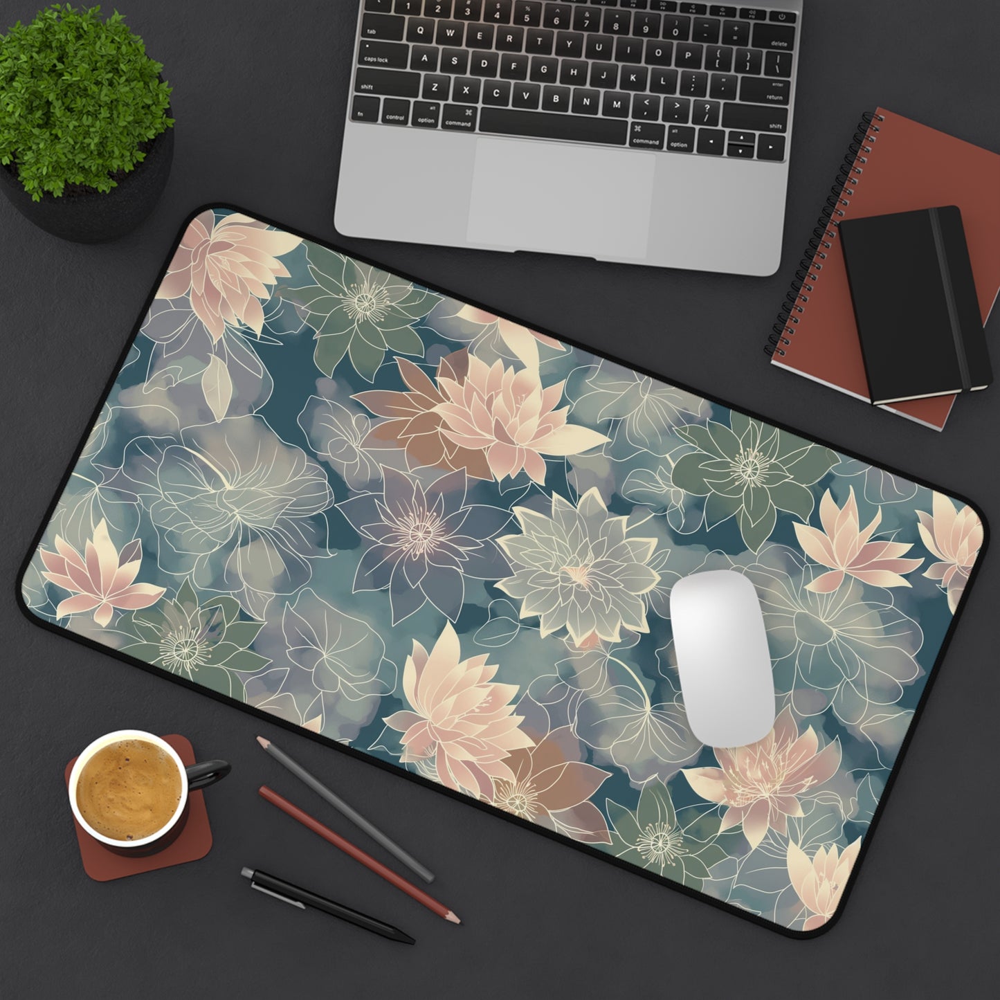 Pastel Lotus Computer Desk Mat | Elegant Floral Mouse Pad | Anti-Slip Neoprene Desk Mat for Home Office | 3 Sizes Available