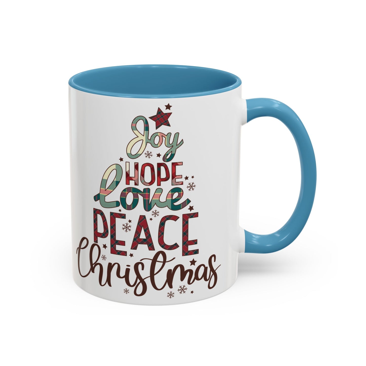 Joy Hope Love Peace Christmas Mug | Festive Holiday Plaid Design | Christmas Tree Word Art Coffee Mug