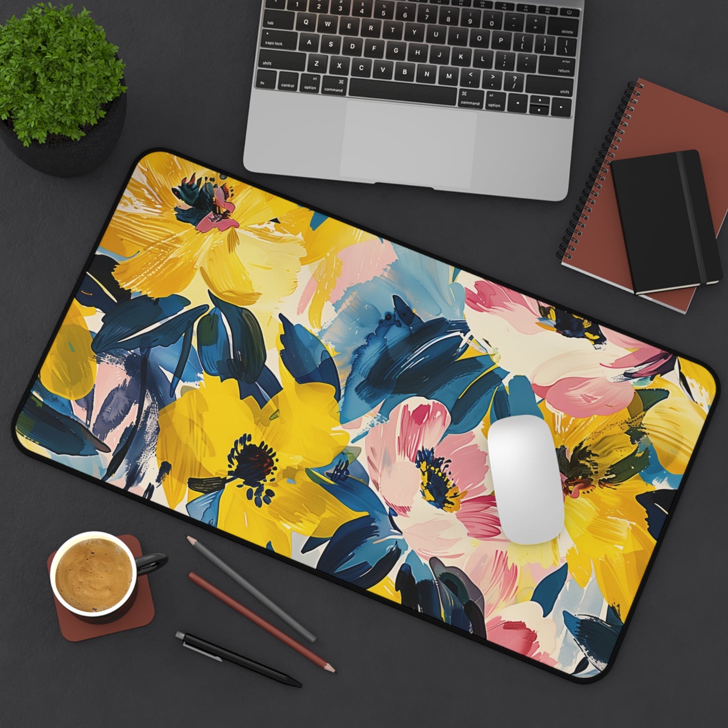 Bold Floral Computer Desk Mat | Vibrant Flowers Mouse Pad | Anti-Slip Neoprene Desk Mat for Home Office | 3 Sizes Available