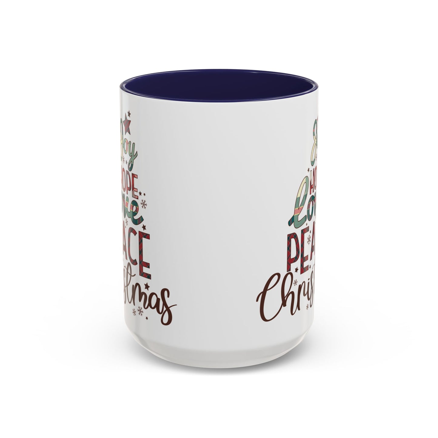 Joy Hope Love Peace Christmas Mug | Festive Holiday Plaid Design | Christmas Tree Word Art Coffee Mug