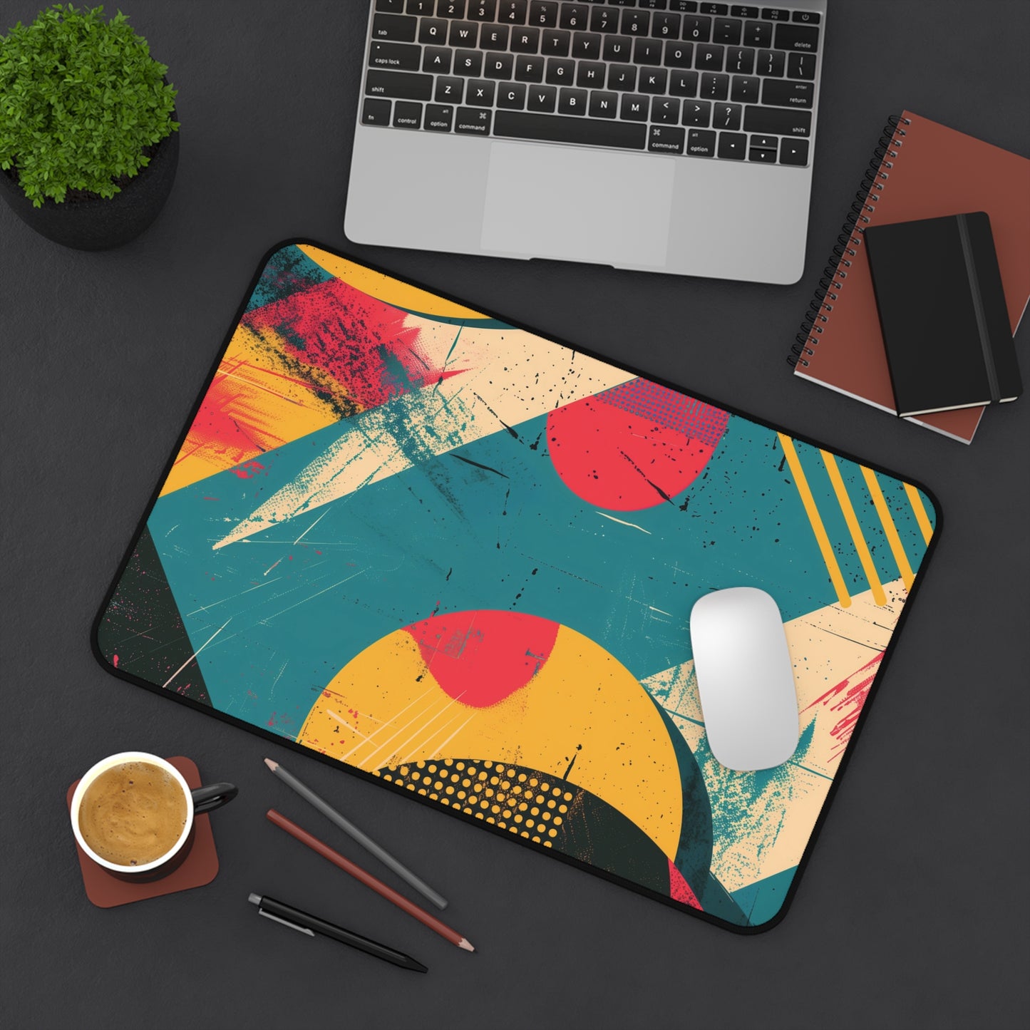 Retro Abstract Art Computer Desk Mat | Colorful Geometric Mouse Pad | Anti-Slip Neoprene Desk Mat for Home Office | 3 Sizes Available