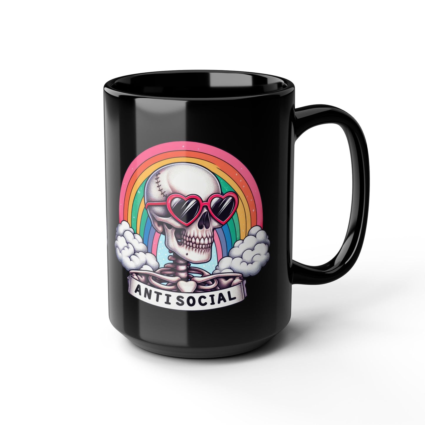 Anti-Social Skull Mug | Retro Rainbow Goth Coffee Cup | Skeleton with Heart Glasses