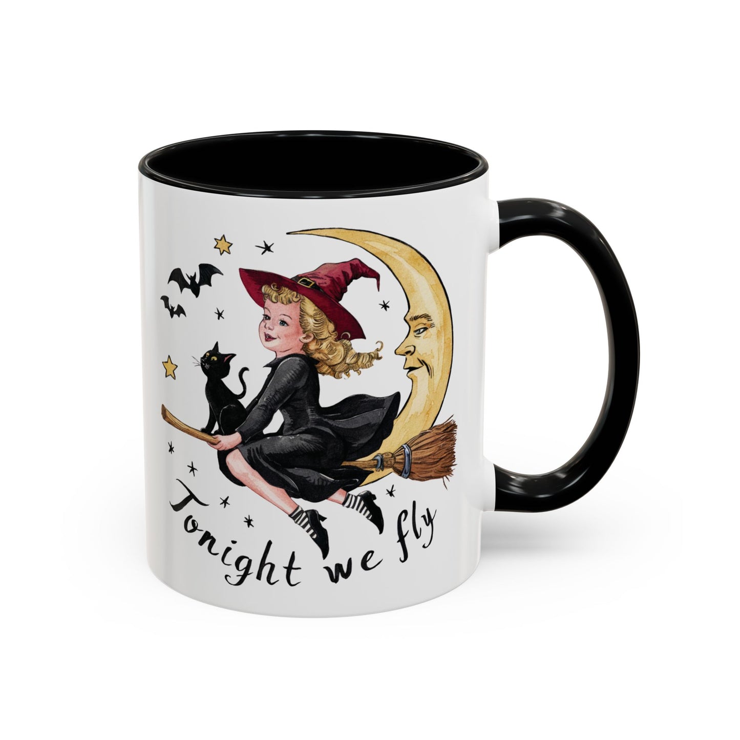 Tonight We Fly Halloween Witch Mug | Vintage Witch and Cat on Broomstick Design | Perfect Halloween Coffee Mug