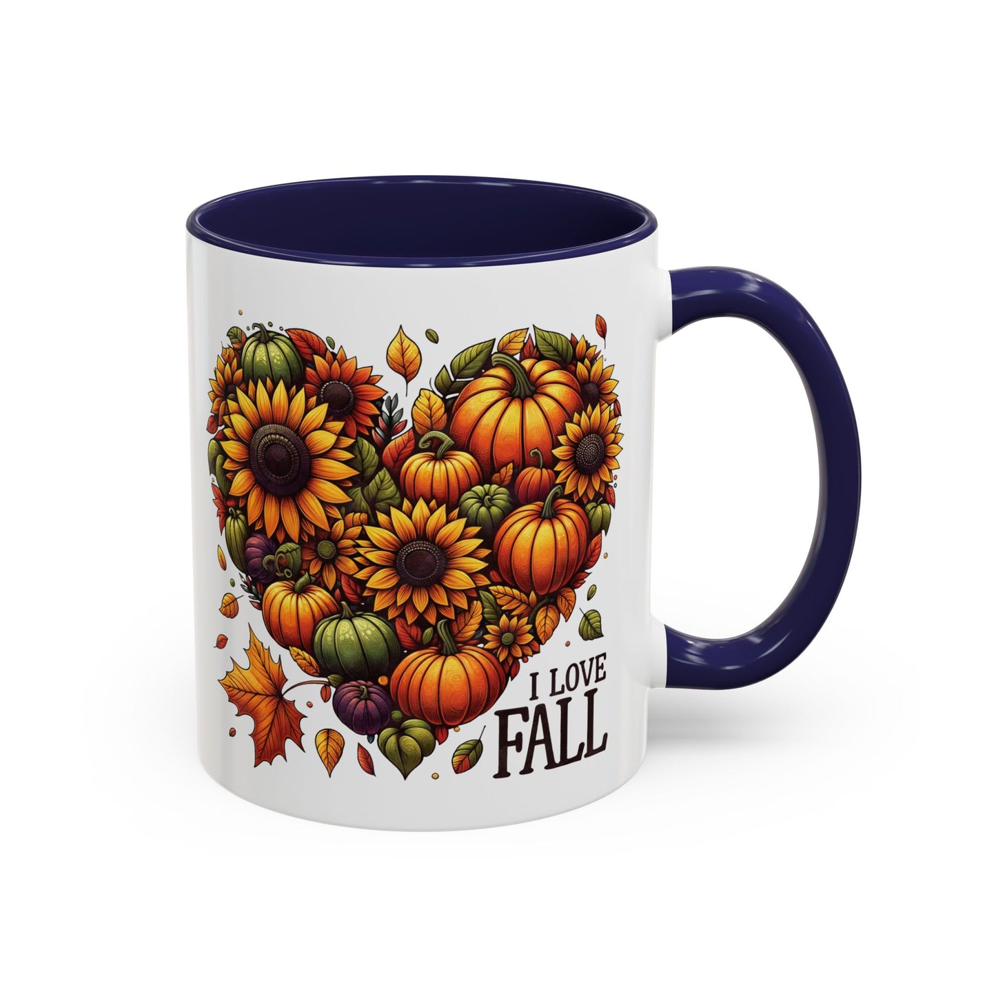 I Love Fall Autumn Mug | 11oz and 15oz Ceramic Coffee Cup | Sunflower and Pumpkin Heart Design