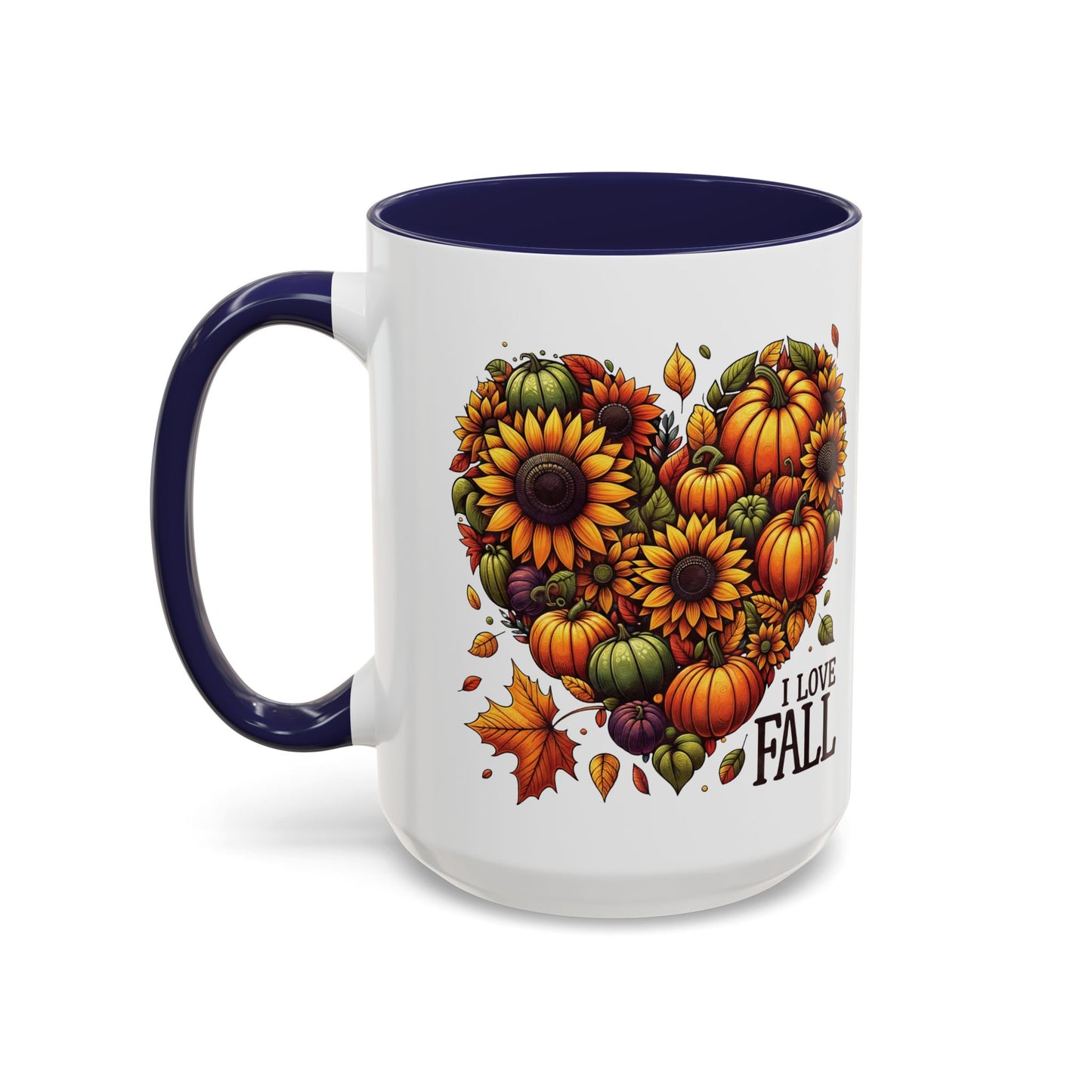 I Love Fall Autumn Mug | 11oz and 15oz Ceramic Coffee Cup | Sunflower and Pumpkin Heart Design