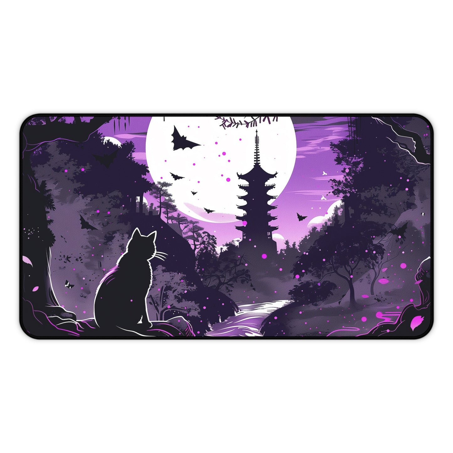 Mystical Night Computer Desk Mat | Cat and Pagoda Moonlight Mouse Pad | Anti-Slip Neoprene Desk Mat for Home Office | 3 Sizes Available