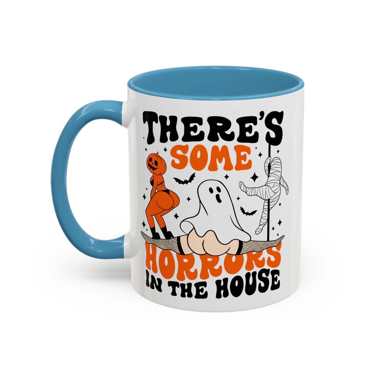 Theres Some Horrors in This House Funny Halloween Mug | 11oz and 15oz Ceramic Coffee Cup | Ghost and Pumpkin Design