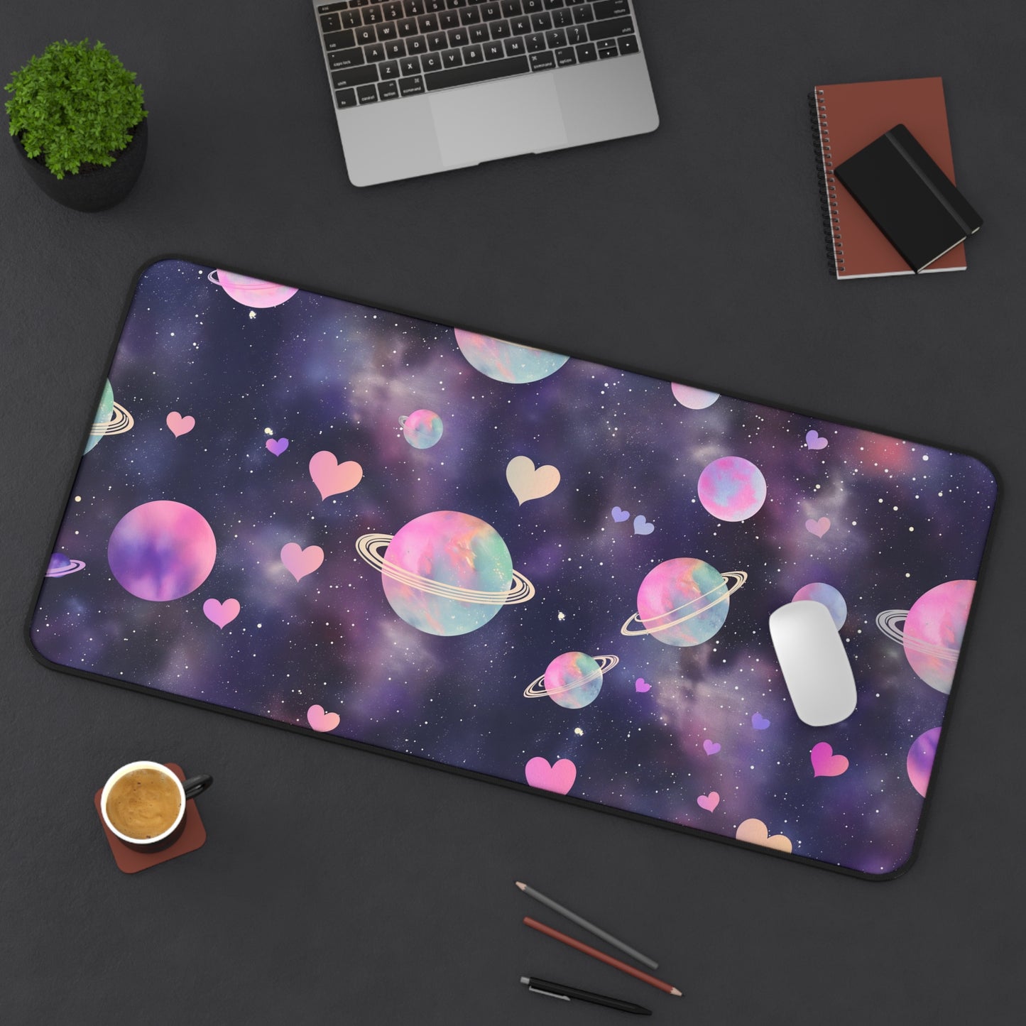 Cosmic Love Computer Desk Mat | Pastel Planets and Hearts Mouse Pad | Anti-Slip Neoprene Desk Mat for Home Office | 3 Sizes Available