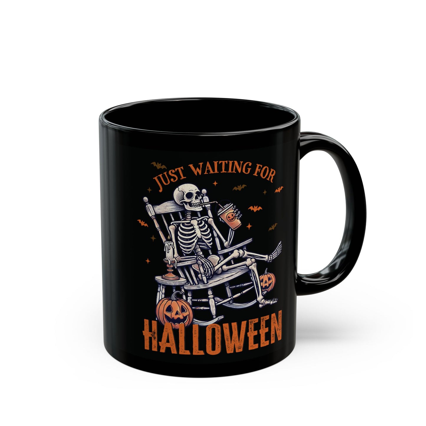 Halloween Skeleton Mug - Just Waiting for Halloween - Black Ceramic Coffee Mug - Spooky Gift - 11oz & 15oz - BPA Free - Microwave Safe