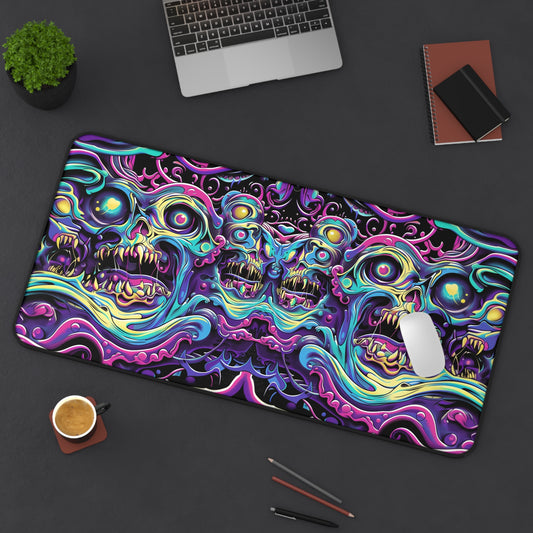 Psychedelic Skull Art Desk Mat - Customizable Neoprene Anti-Slip Mouse Pad - Vibrant Office Decor - Available in 3 Sizes