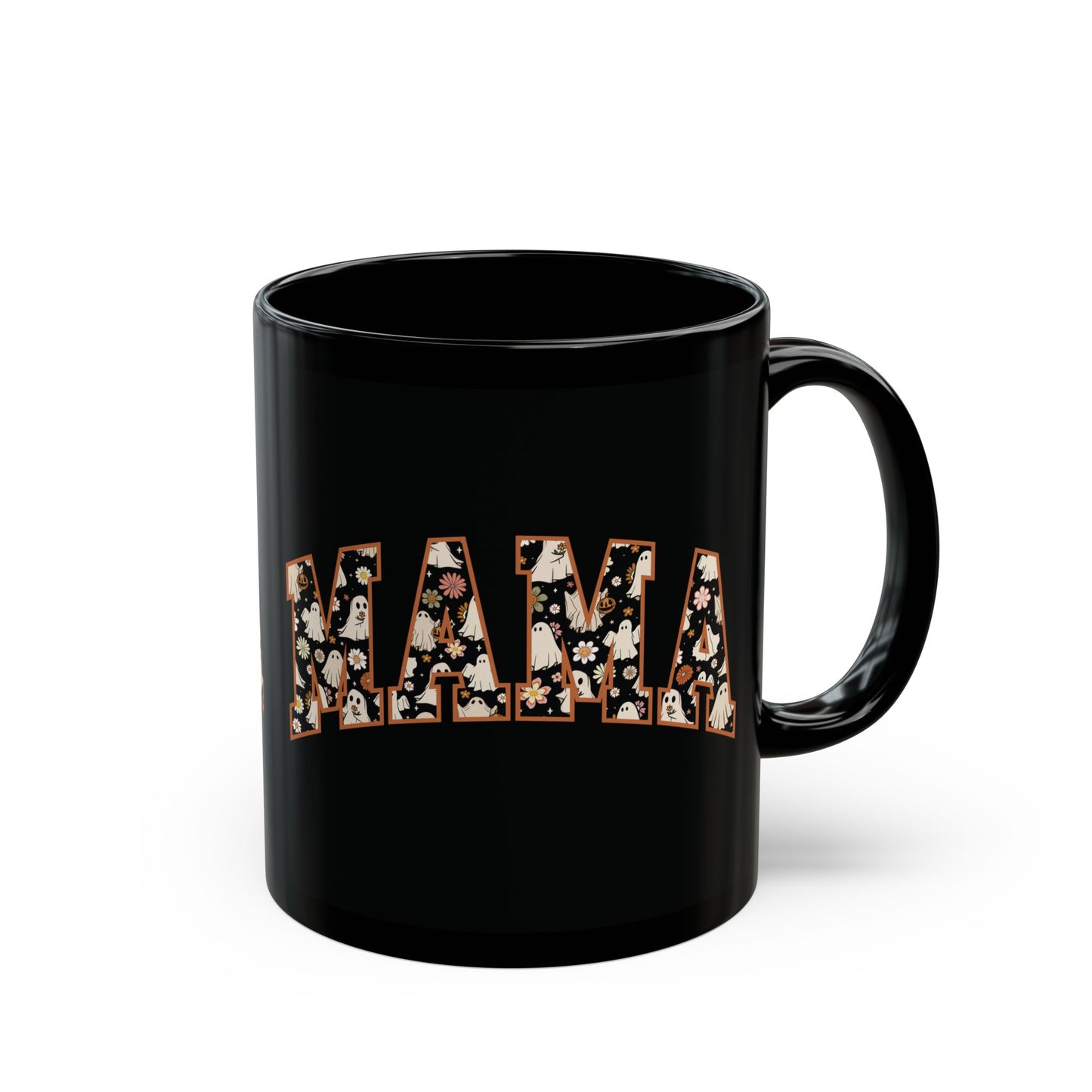 MAMA Halloween Floral Ghost Mug | 11oz and 15oz Black Ceramic Coffee Cup | Stylish and Spooky Design | Perfect Gift for Moms