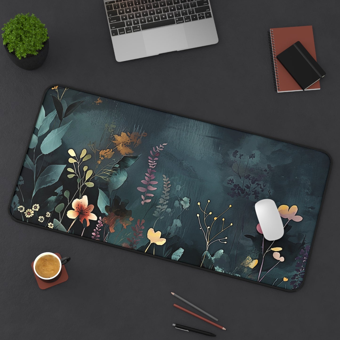 Night Garden Computer Desk Mat | Dark Floral Mouse Pad | Anti-Slip Neoprene Desk Mat for Home Office | 3 Sizes Available