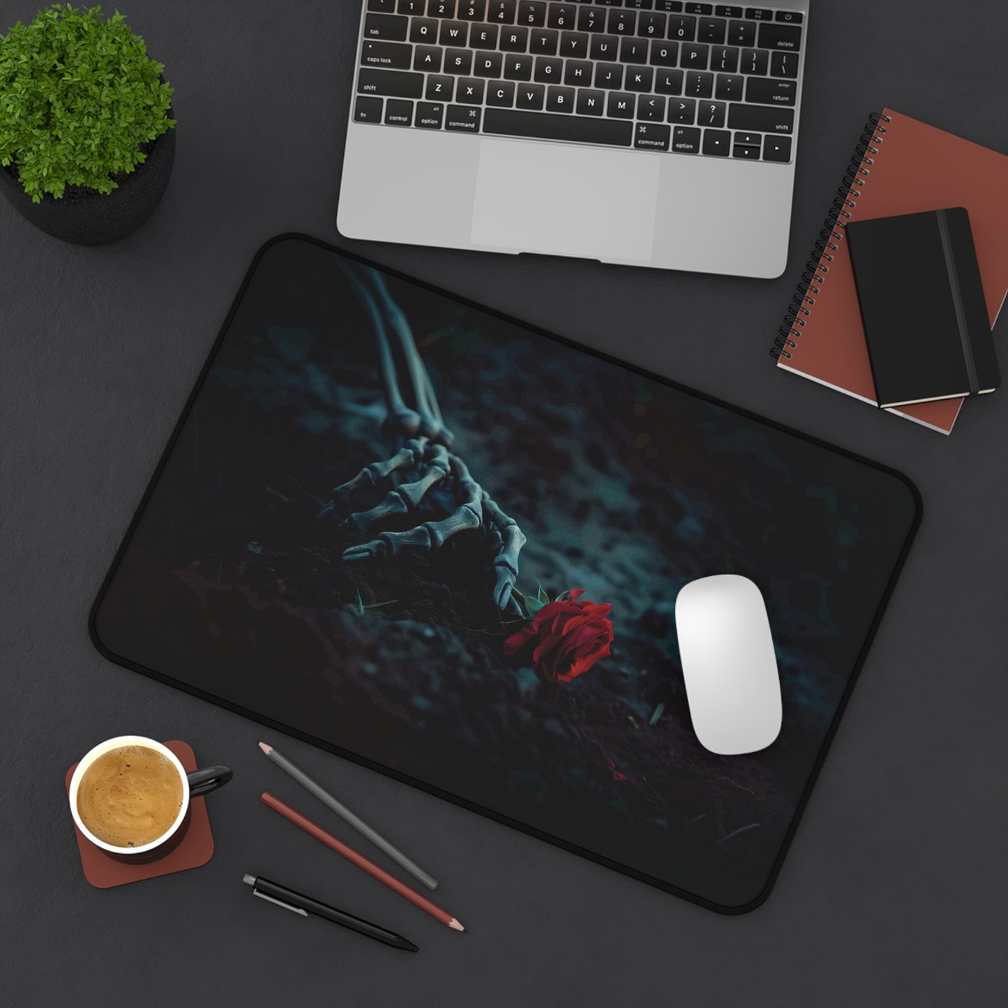 Gothic Skeleton Hand with Red Rose Desk Mat - Neoprene Anti-Slip Mouse Pad Game Table - Dark Aesthetic Office Decor - Available in 3 Sizes