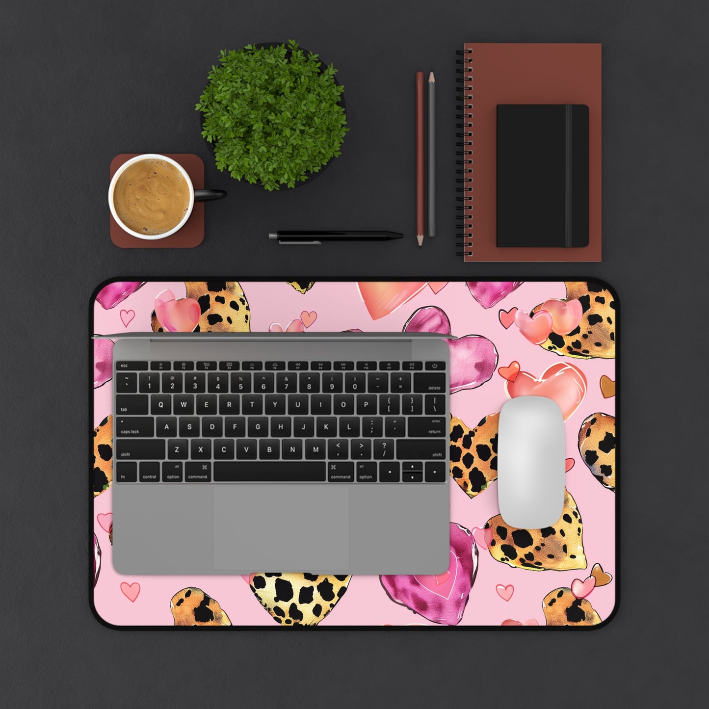 Heart Pattern Computer Desk Mat | Pink Leopard Hearts Mouse Pad | Anti-Slip Neoprene Desk Mat for Home Office | 3 Sizes Available