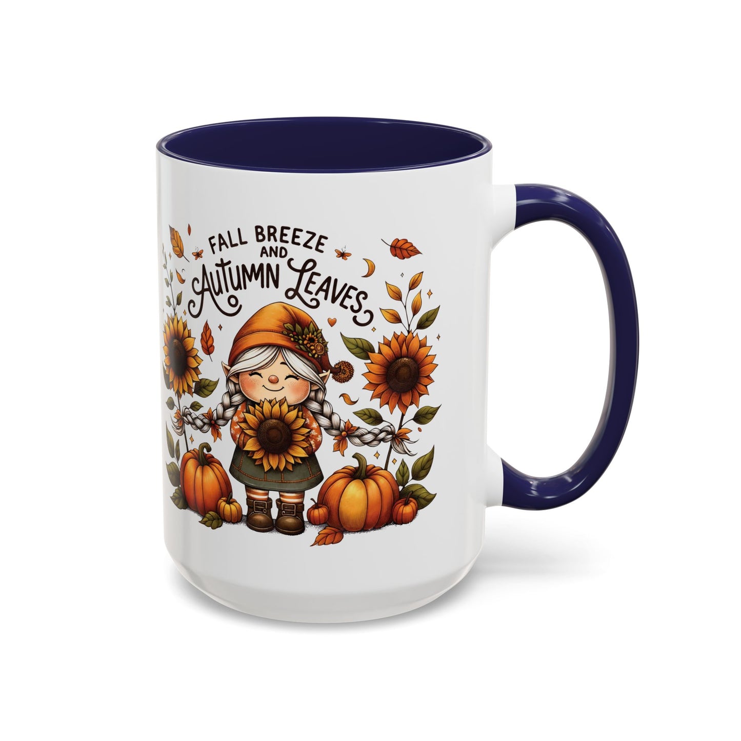 Fall Breeze and Autumn Leaves Mug | 11oz and 15oz Ceramic Coffee Cup | Cute Gnome, Sunflower, & Pumpkin Design