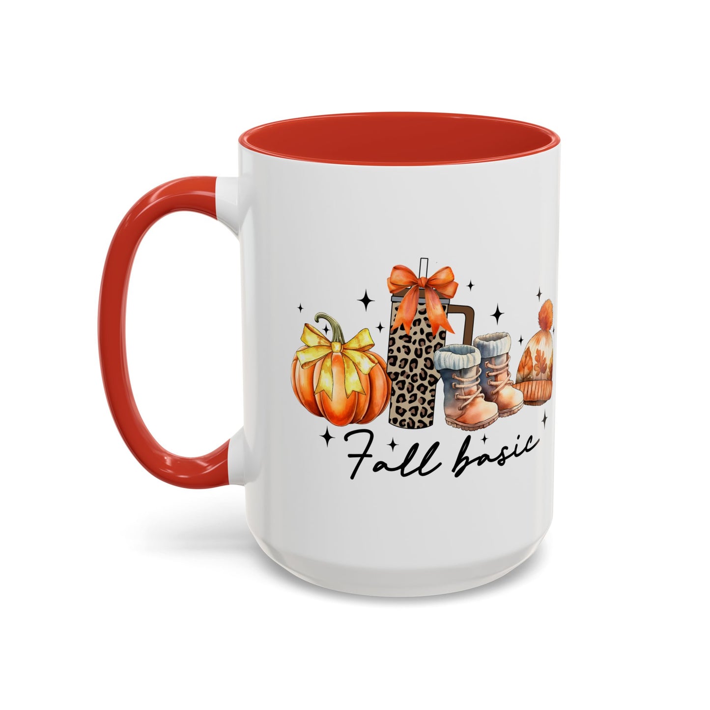 Fall Basic Autumn Mug | 11oz/15oz Ceramic Coffee Cup | Cozy Fall Essentials Design | Pink, Red, Black, Light Blue, or Navy Handle & Interior