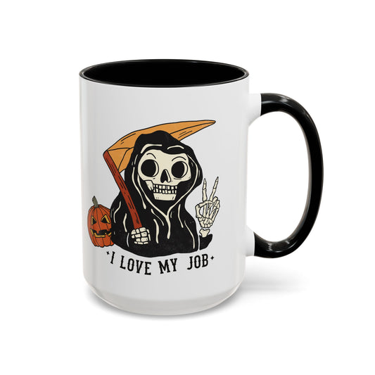 I Love My Job Grim Reaper Halloween Mug | Funny Grim Reaper Coffee Mug | Spooky Skeleton Drinkware | Fall Halloween Gift