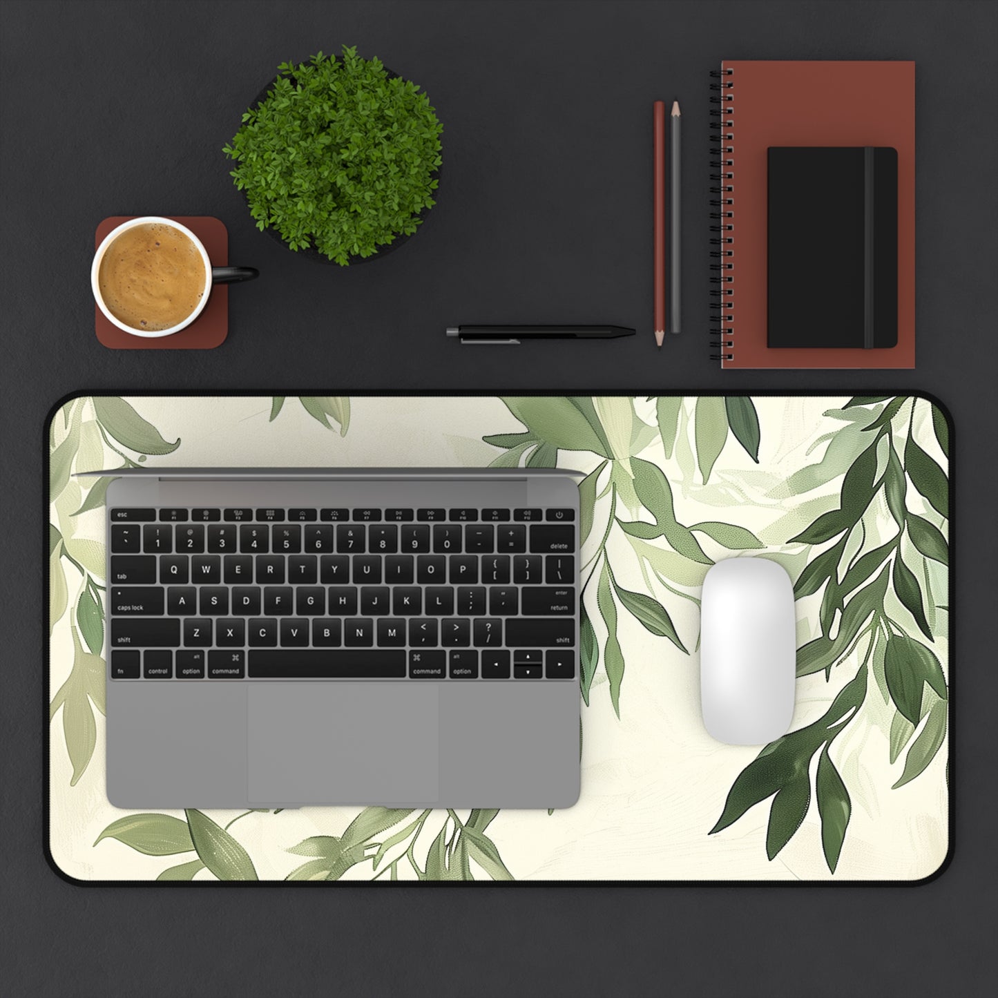 Green Leaves Computer Desk Mat | Botanical Mouse Pad | Anti-Slip Neoprene Desk Mat for Home Office | 3 Sizes Available