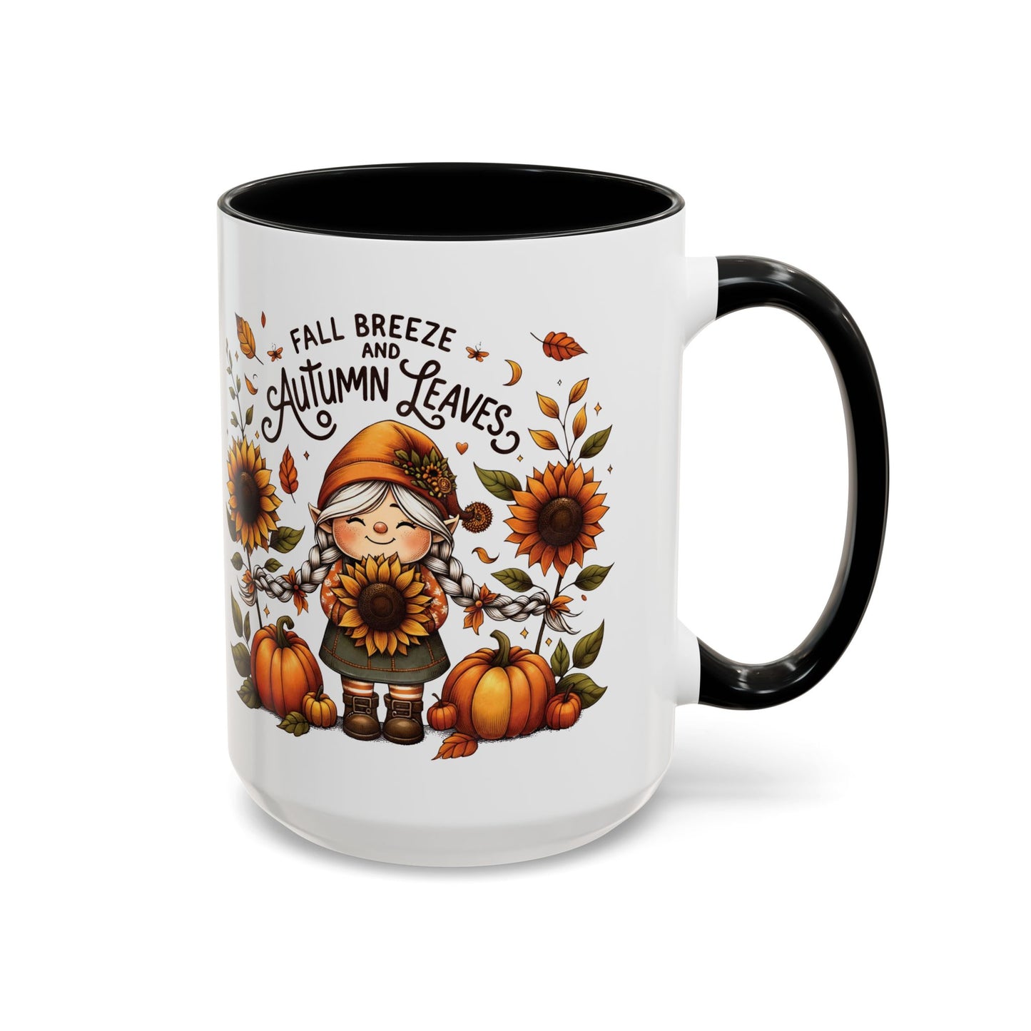 Fall Breeze and Autumn Leaves Mug | 11oz and 15oz Ceramic Coffee Cup | Cute Gnome, Sunflower, & Pumpkin Design