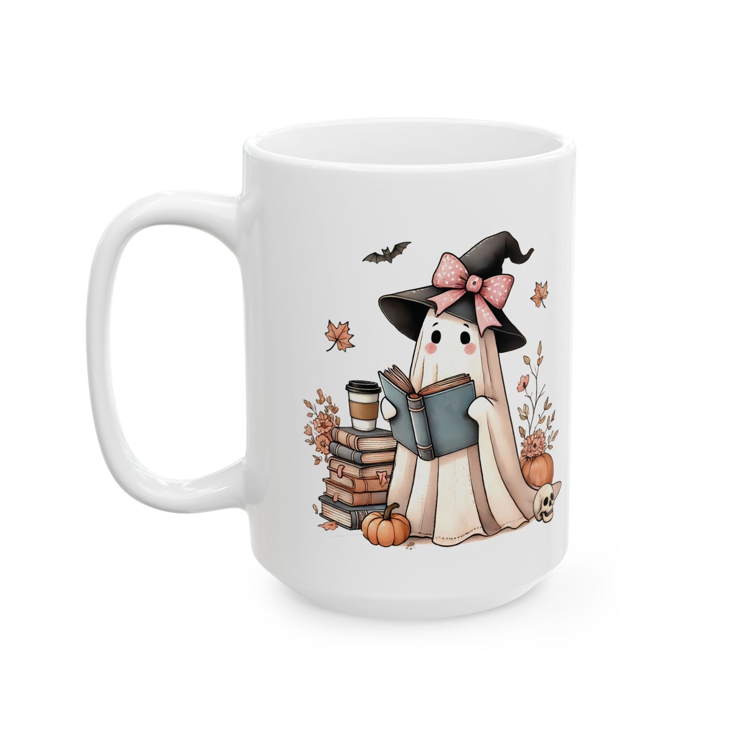 Cute Ghost Witch Ceramic Mug - Adorable Halloween Reading Ghost Design - Perfect for Book Lovers