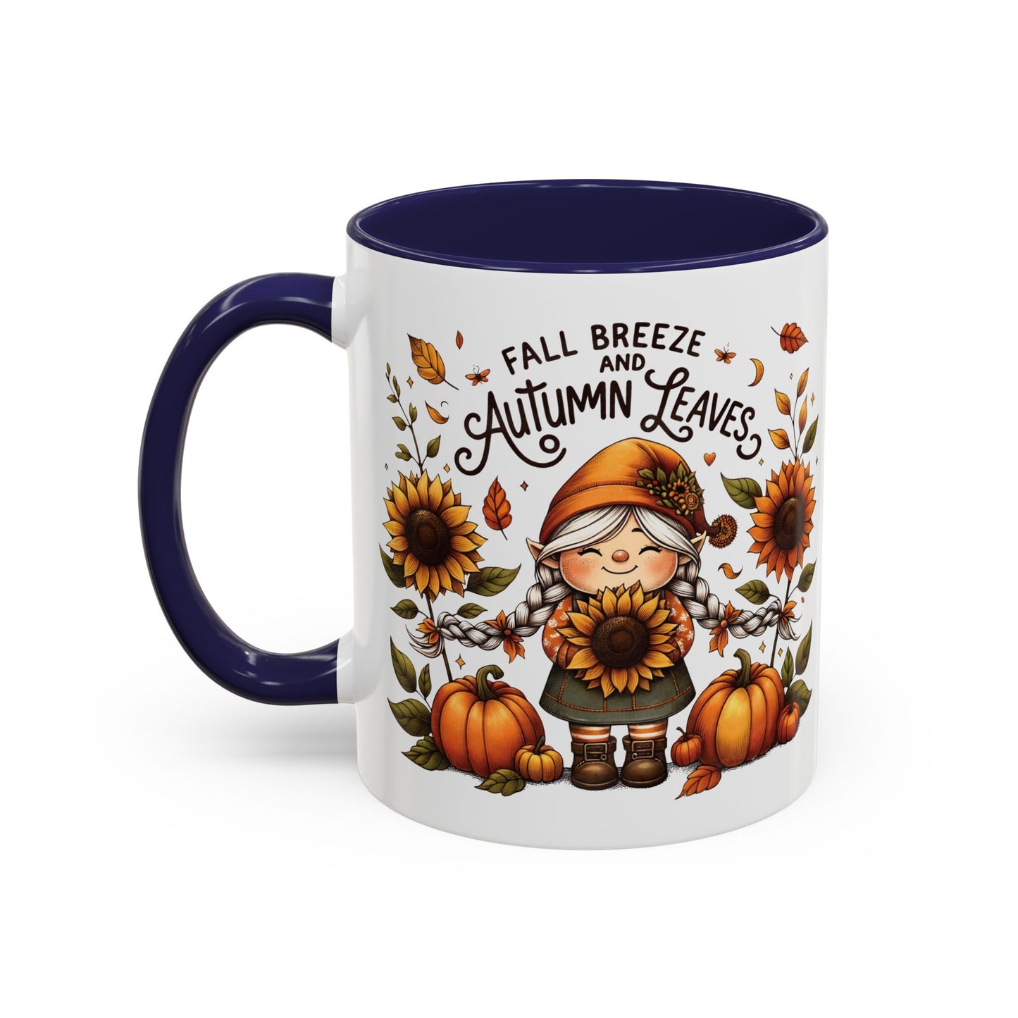 Fall Breeze and Autumn Leaves Mug | 11oz and 15oz Ceramic Coffee Cup | Cute Gnome, Sunflower, & Pumpkin Design