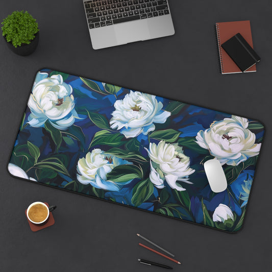 White Peony Bloom Desk Mat | Neoprene | Anti-Slip | 3 Sizes