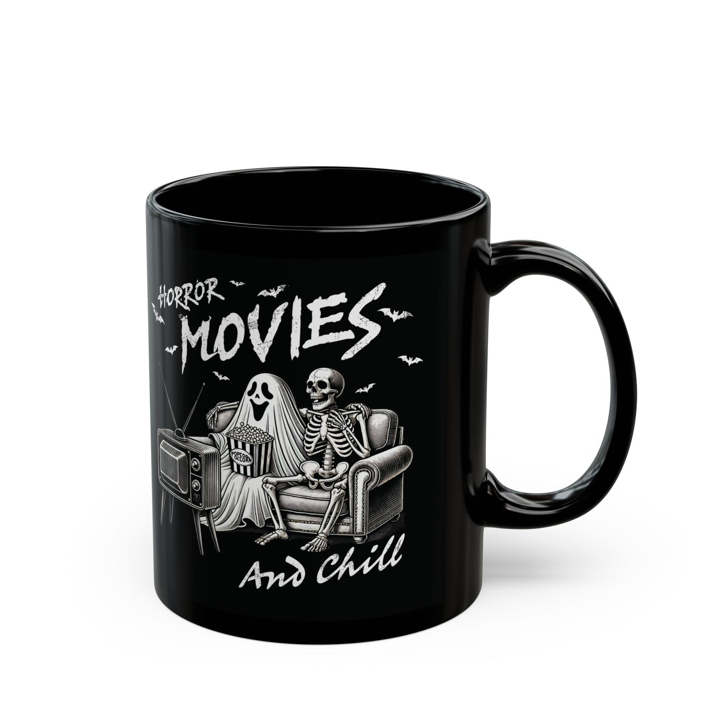 Horror Movies and Chill Halloween Mug | 11oz and 15oz Ceramic Coffee Cup | Spooky Skeleton and Ghost Design